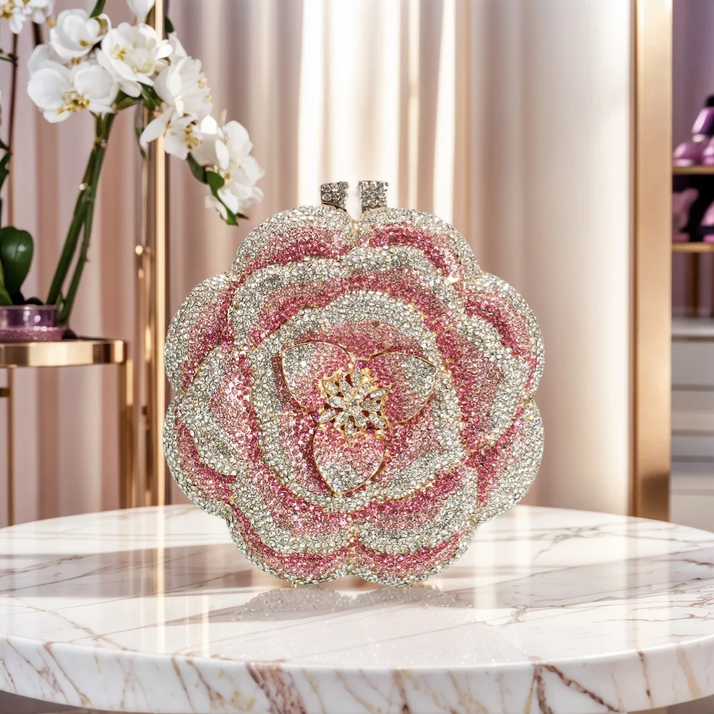 

Glitter Women Floral Rhinestone Bag Dazzling Rose Crystal Evening Clutch Bridal Wedding Purse Handbag for Prom Party