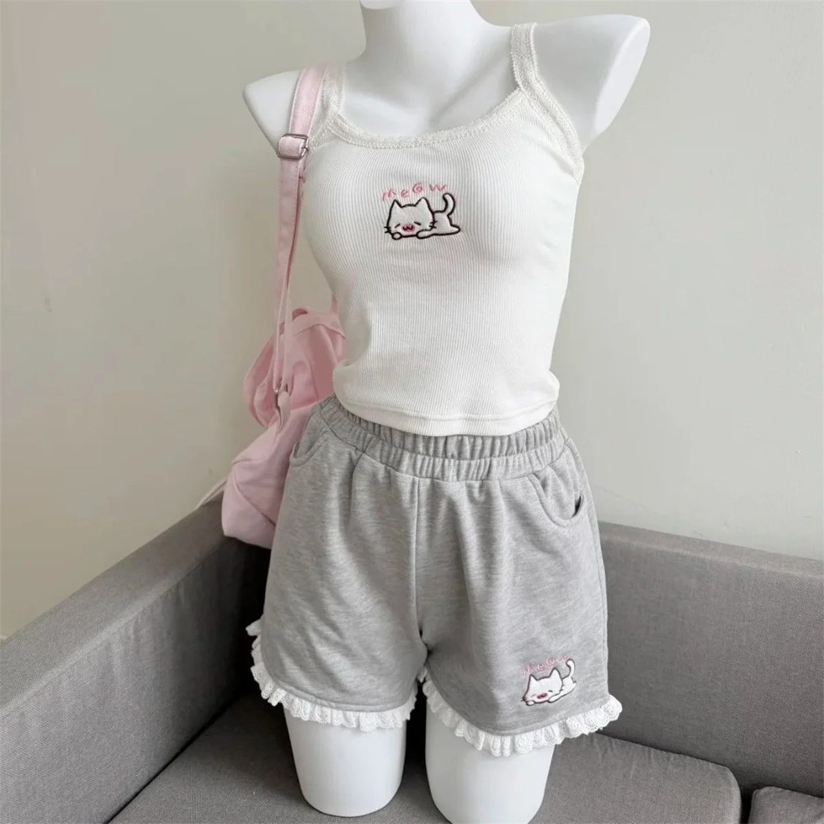 2025 المرأة الصيف اليابانية القط التطريز مرونة الخصر سراويل قصيرة Y2k الجمالية بناطيل كاجوال الدانتيل المرقعة واسعة الساق السراويل #3