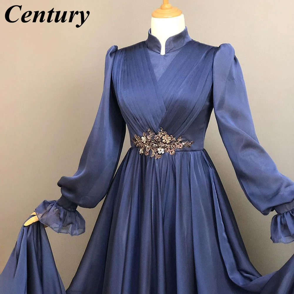 Vestidos de Noche azules con cuentas para mujer, vestido Formal árabe, Dubai, musulmán, mangas largas, caftán marroquí, vestido de graduación, vestidos de noche