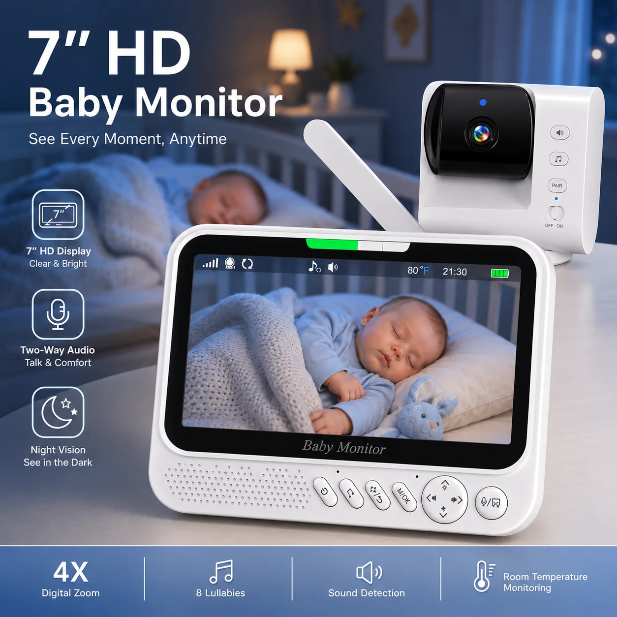 Moniteur Bébé Vidéo 7.0 Pouces 1080P avec Caméra PTZ Panoramique/Inclinaison, Zoom 4X, Audio Bidirectionnel, Vision Nocturne, Réveil VOX, Chargement USB, Grand Écran pour Surveillance de Bébé à Domicile, en Crèche et pour les Soins des Nouveau-nés