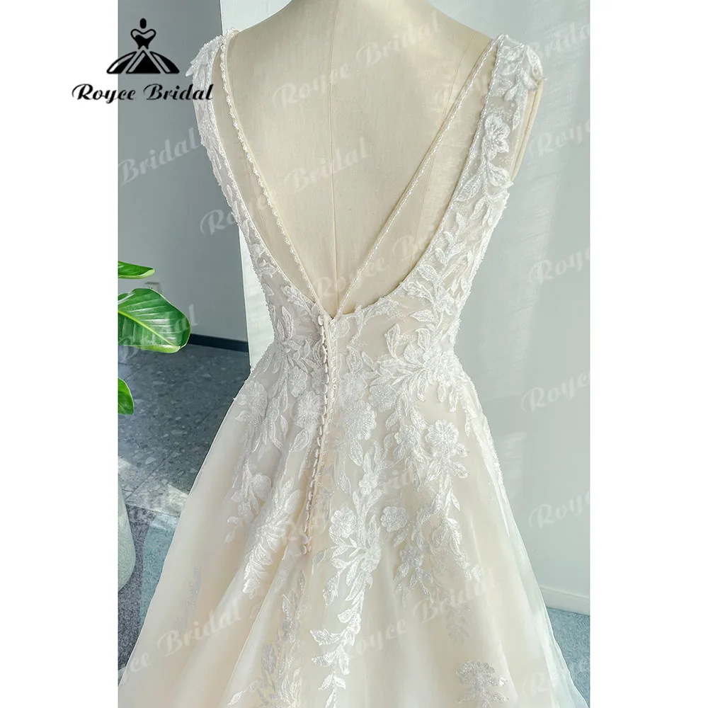 Abito da sposa senza maniche con applicazioni in pizzo con collo quadrato Vintage per donna 2024 abito da sposa con apertura sul retro Champagne abiti sposa