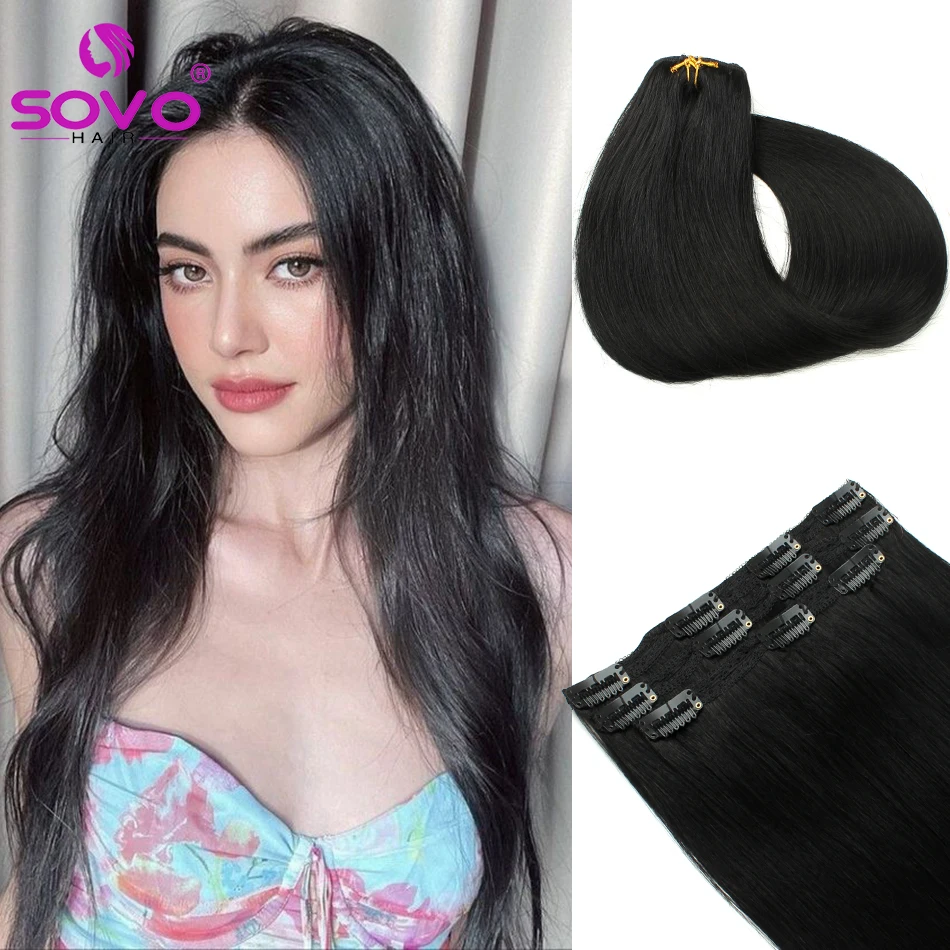 SOVO 60 Grams Clip in Hair Extensions 100% Human Hair Ombre Color 3Pcs Human Hair Clip in Extensions for Women