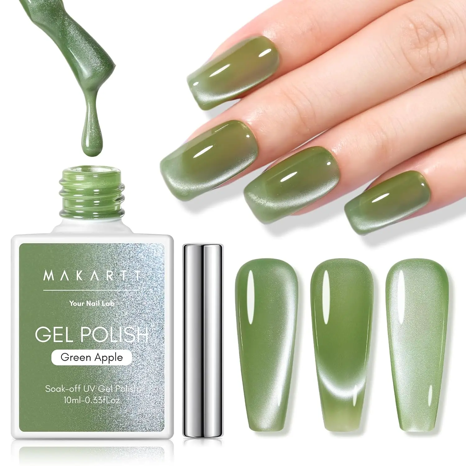 

Makartt Green Cat Eye Гель-лак для ногтей — 10 мл голографический яркий блестящий фруктовый гель «кошачий глаз» с магнитной палочкой, УФ/LED Soak Off