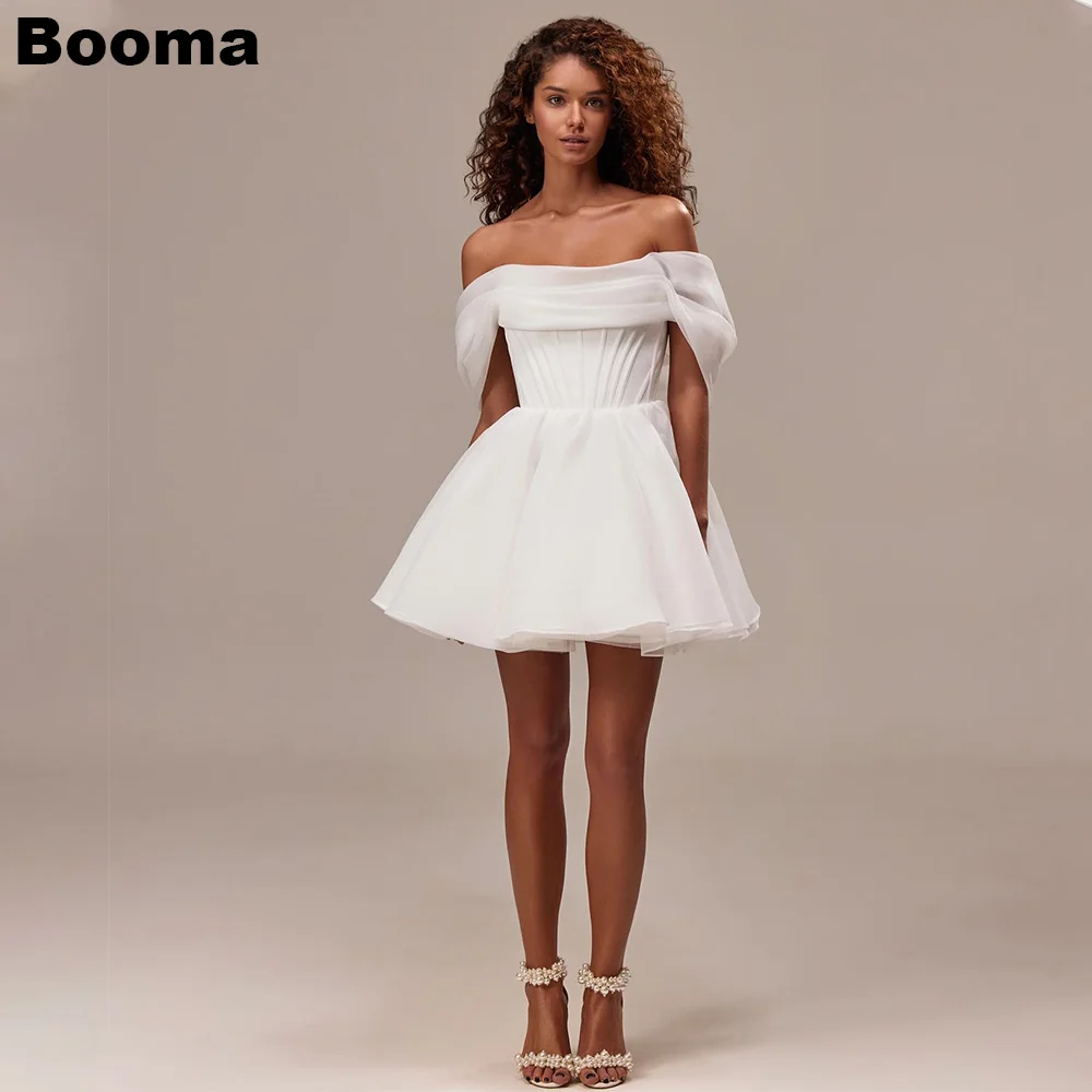 

Booma A-Line Mini Wedidng Party Dresses Off Shoulder Pleats Organza Bridals Party Gowns for Women Prom Cocktail Dresses Bespoke