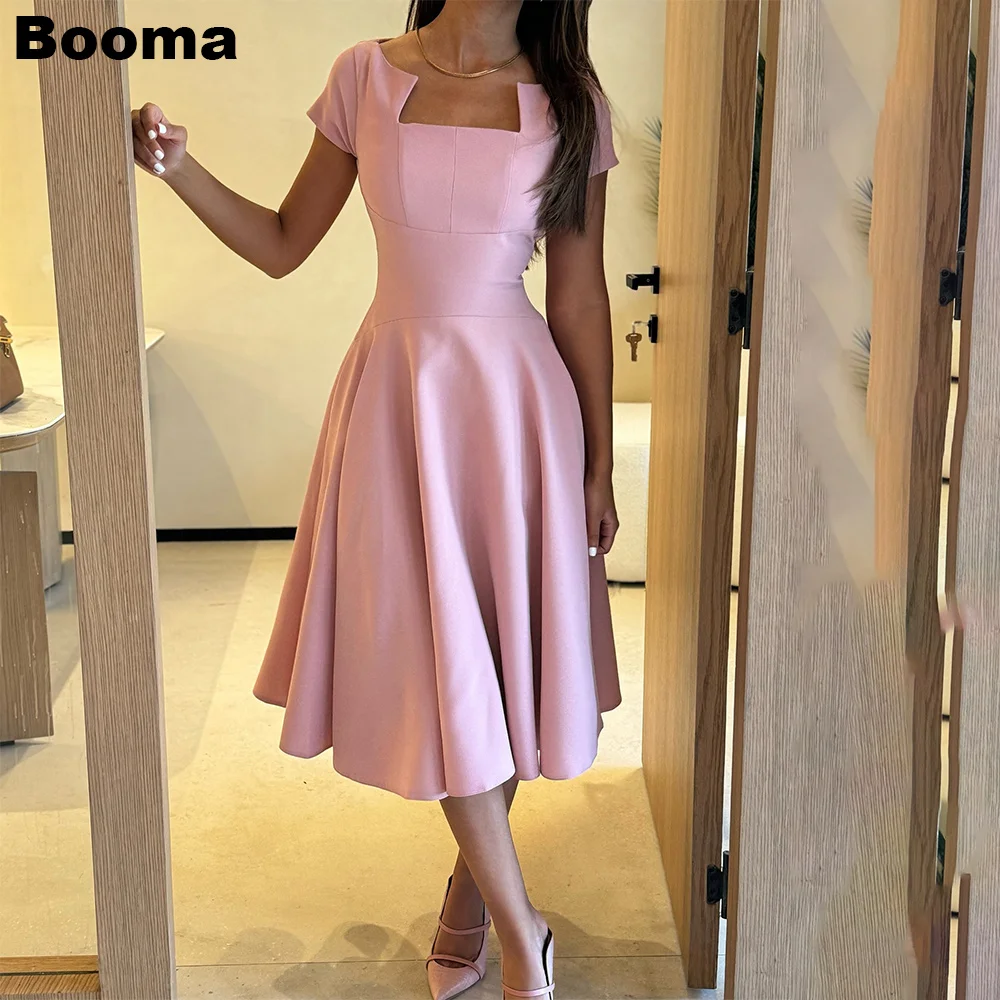 Booma Pink A-Line Prom Dresses Short Sleeves Formal Occasion Gowns for Women Saudi Arabic Tea-length Party Dresses Outfits