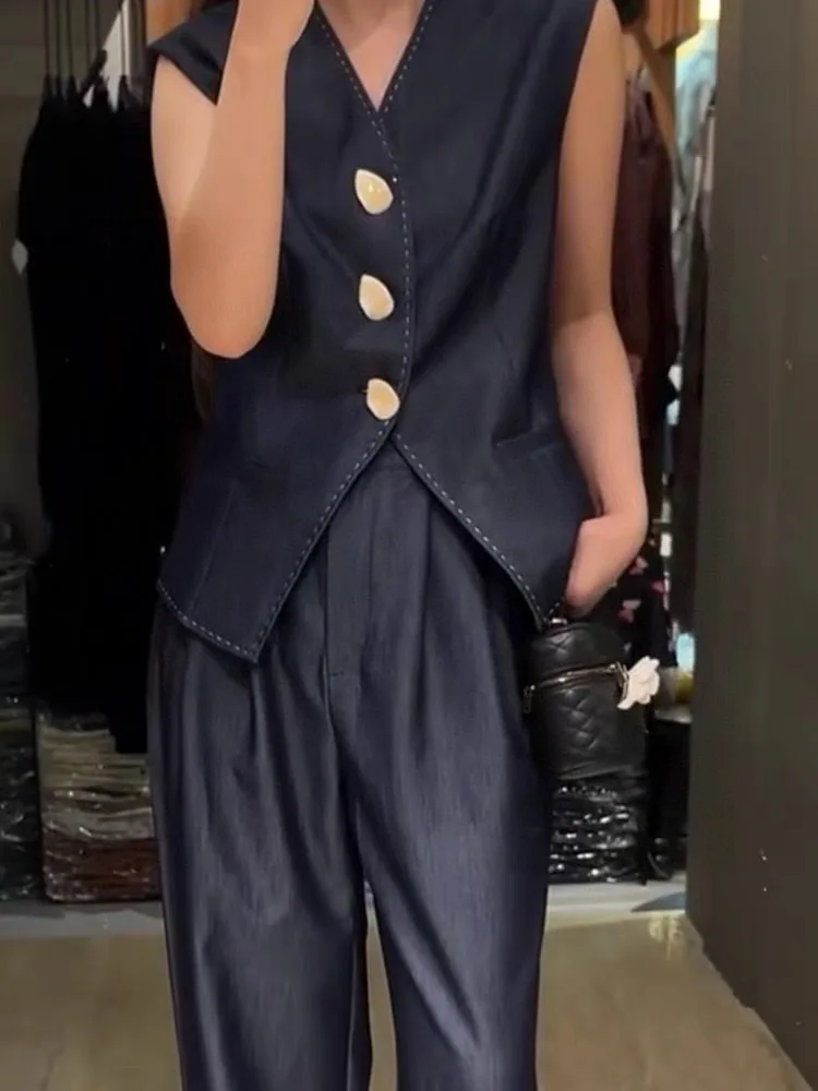 

Minimal fashionable summer women's lyocell solid color vest trouser suit