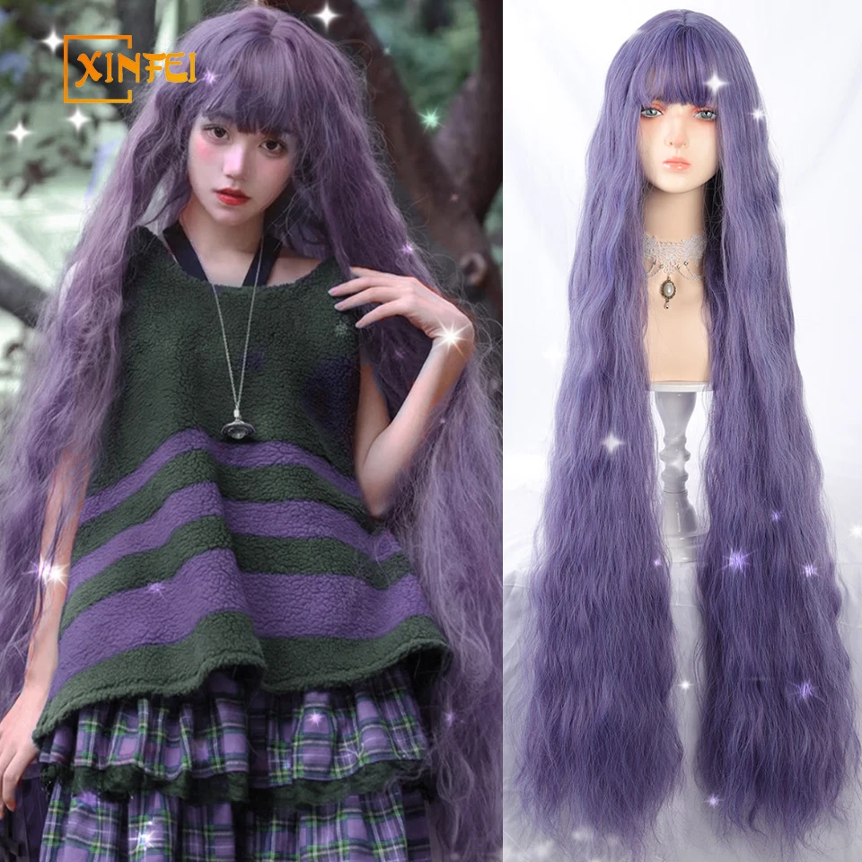 

XINFEI 43 Inch Super Long Curly Wavy Long Purple Synthetic Wigs with Bangs Lolita Cosplay Party Halloween Natural Hair