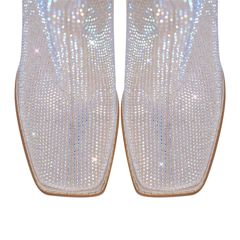 Onlymaker Women Sliver Rhinestone Knee High Boots Side Zipper Fashion Handmade Chuny Heel Boots