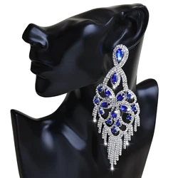 1pair Exaggerated Fashion Blue Rhinestone Fringe Design Long Earrings For Wedding & Party Wear By Women