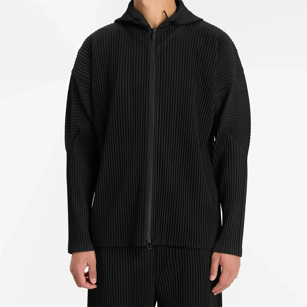 Miyake Men's Pleated Jacket Hooded Zip Up Coat Relaxed Fit Two Way Zipper Japanese Minimal Casual Outerwear