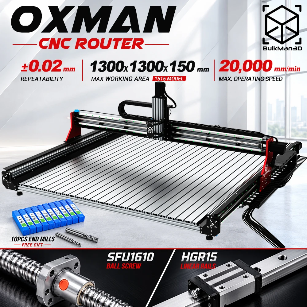 BulkMan3D OXMAN CNC Router Kit SFU1610 Ball Screw Dual Linear Rails 4-Axis Industrial Engraver for Metal Wood Acrylic Cutting