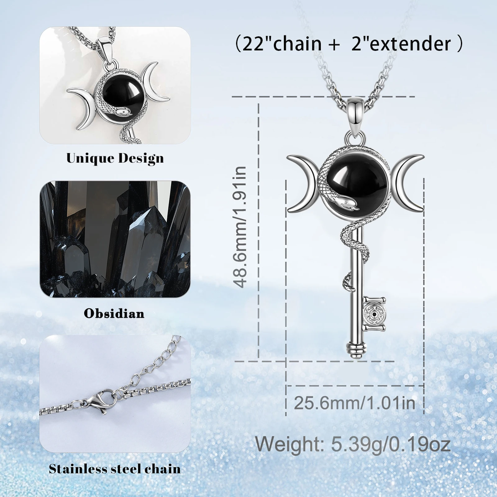 Eudora Hecate Wheel Key Obsidian Necklace Triple Moon Goddess Snake Amulet Pendant Wicca Spiritual Jewelry Gift for Women Men