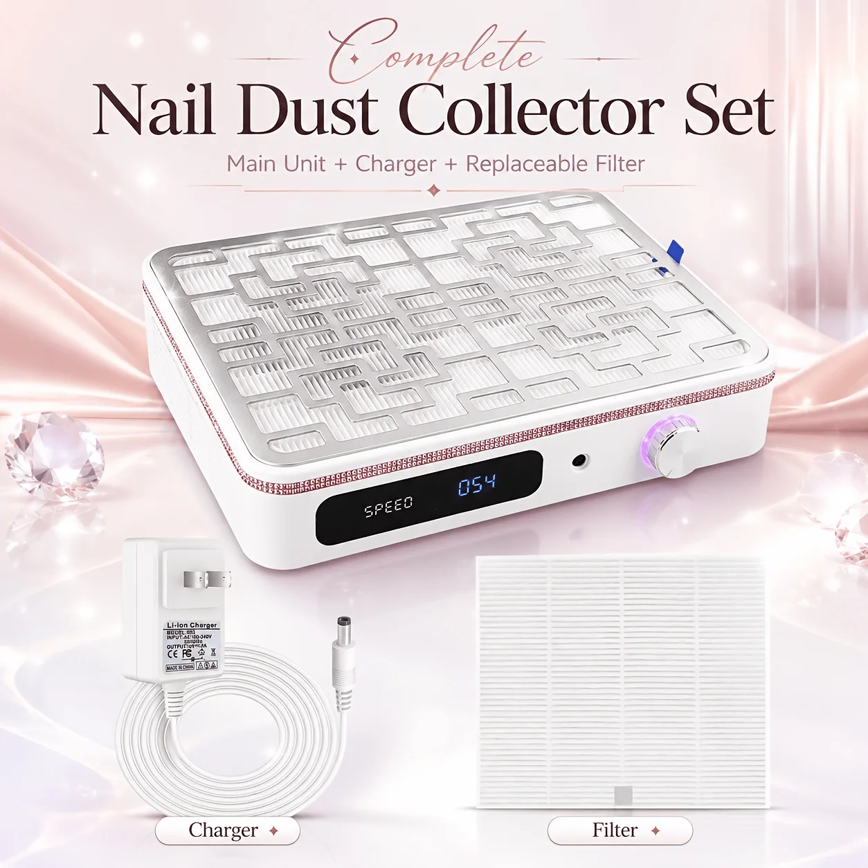 5000RPM Nail Dust Collector With Pink Glitter Diamond,Double Fans Powerful Vacuum Fan With Disposable Filter Cotton Dust Collection Machine ,For Nails Polish Gel Nails Salon