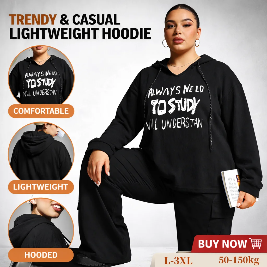 

Женская легкая толстовка больших размеров с капюшоном, принтом-буквенами, длинными рукавами, свободного кроя, мягкая, в рубчик, повседневная