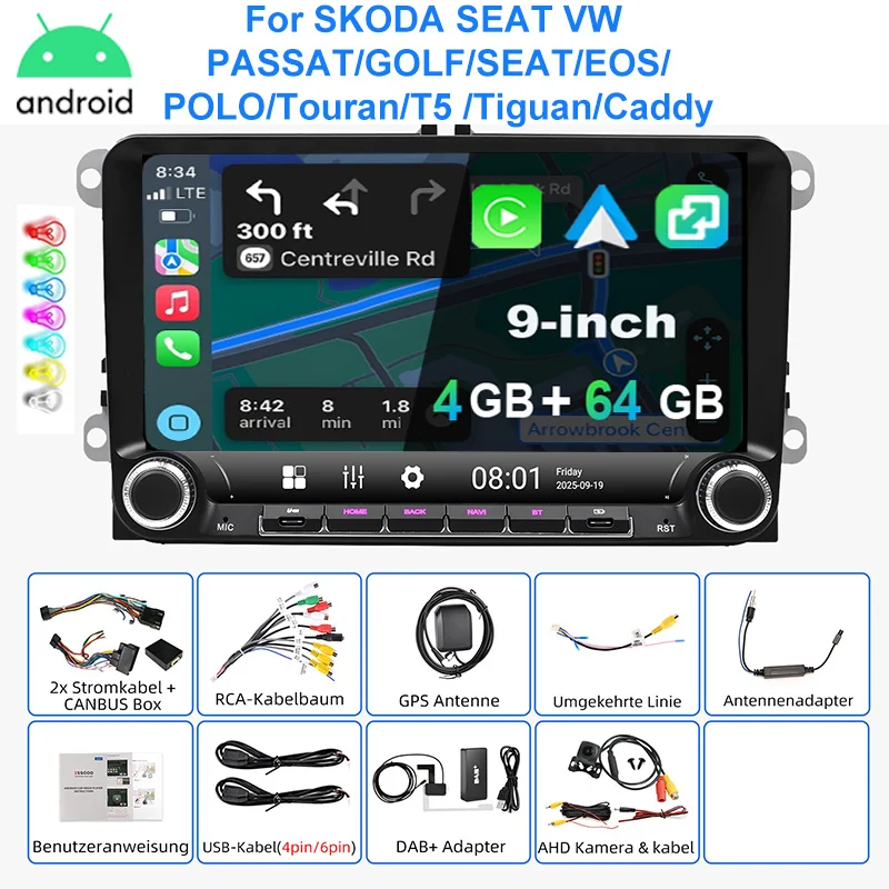 ESSGOO Autoradio Android15 9" 4+64 GB voor VW Golf 5 6 Plus Touran Caddy Jetta Passat Polo GPS Navigatie Bluetooth RDS FM WiFi Draadloze CarPlay Android Auto 2+32 GB Stuurwielbediening Aanraakscherm