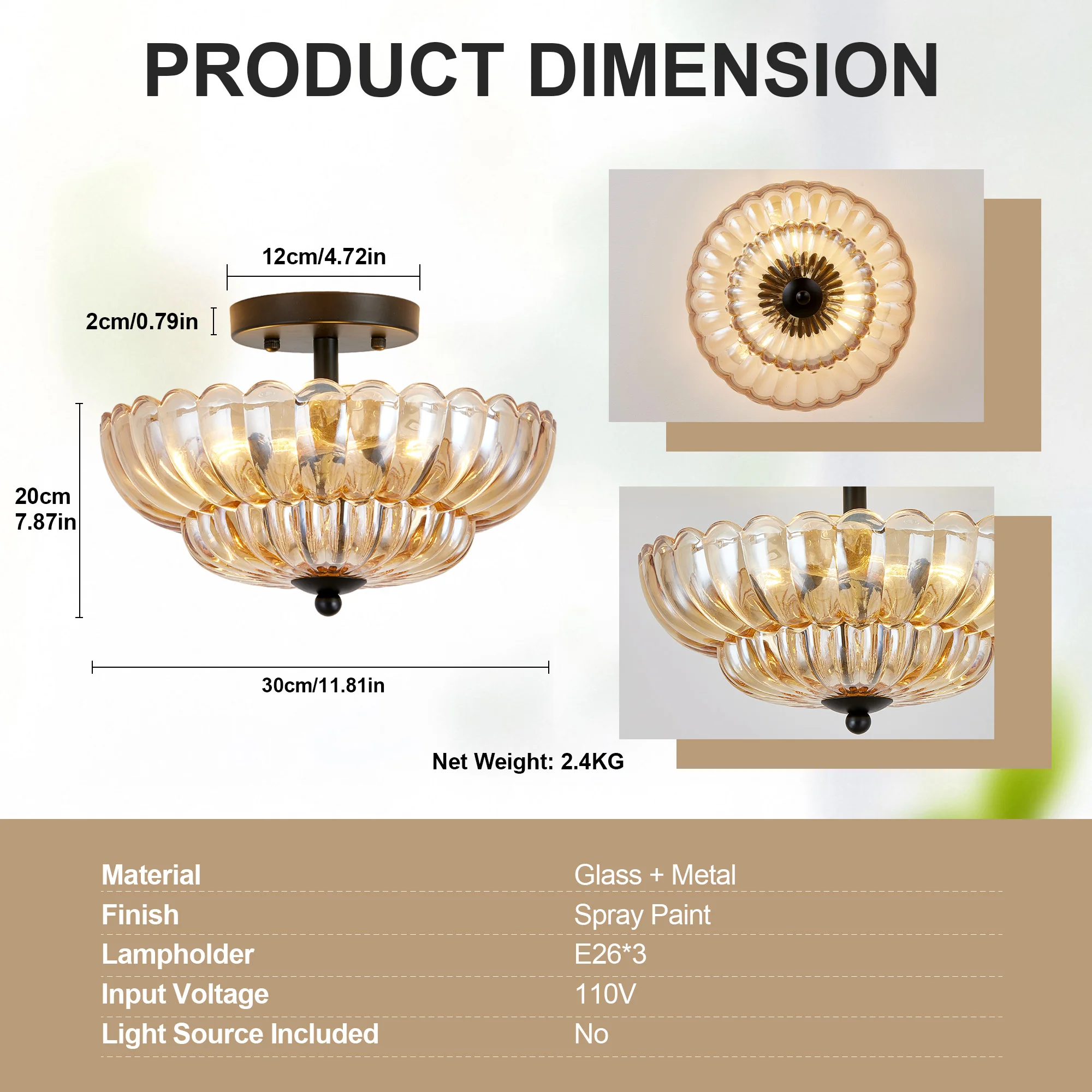 ARLGSITE 11.8-inch 3-lamp Semi-Ceiling Light, Amber Patterned Glass, Matte Black Body, Suitable for Kitchens, Bathrooms, Bedrooms, and Hallways (Bulb Not Included).