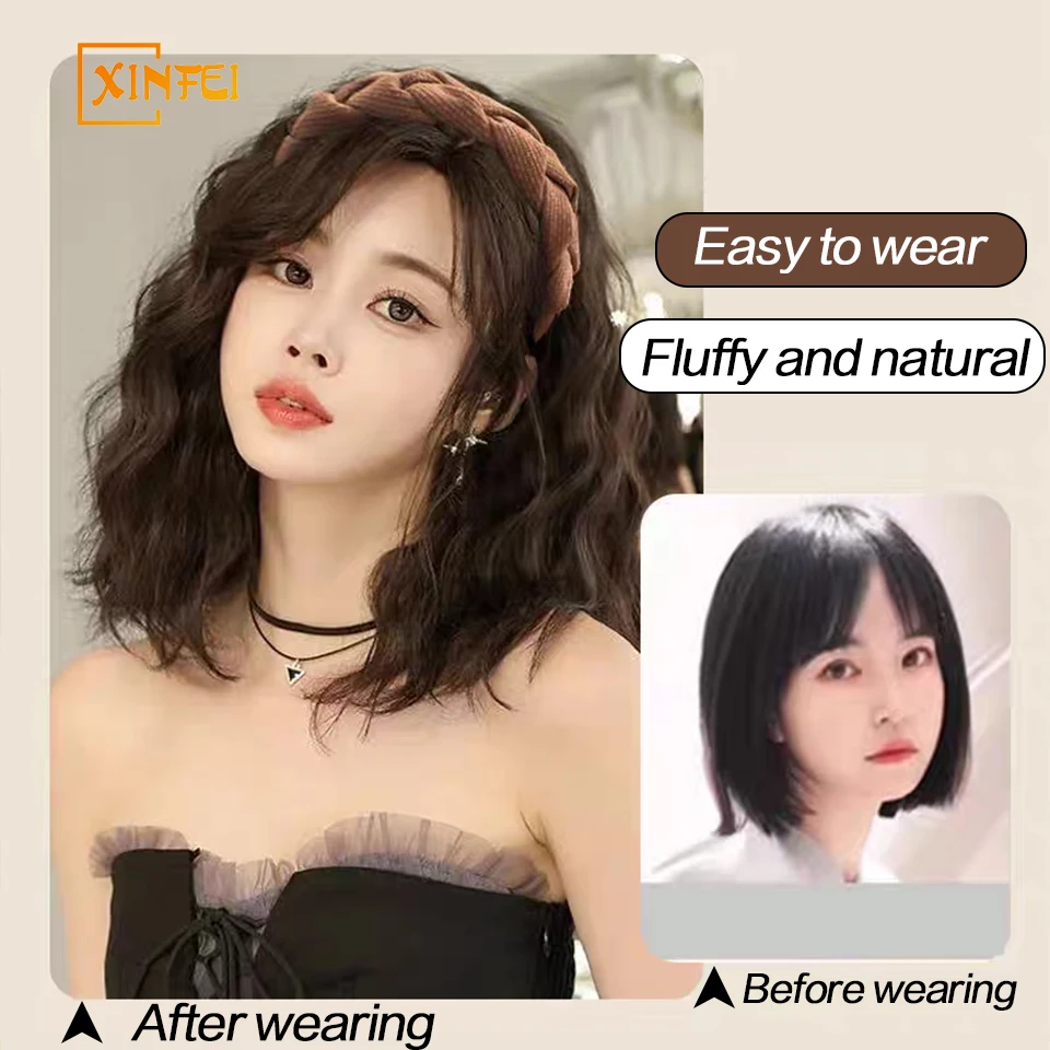 XINFEI Long Wavy Curly Headband Wig Clip on Hair Extension U-Shaped Hairpieces Synthetic Natural Fake Half Wig for Women