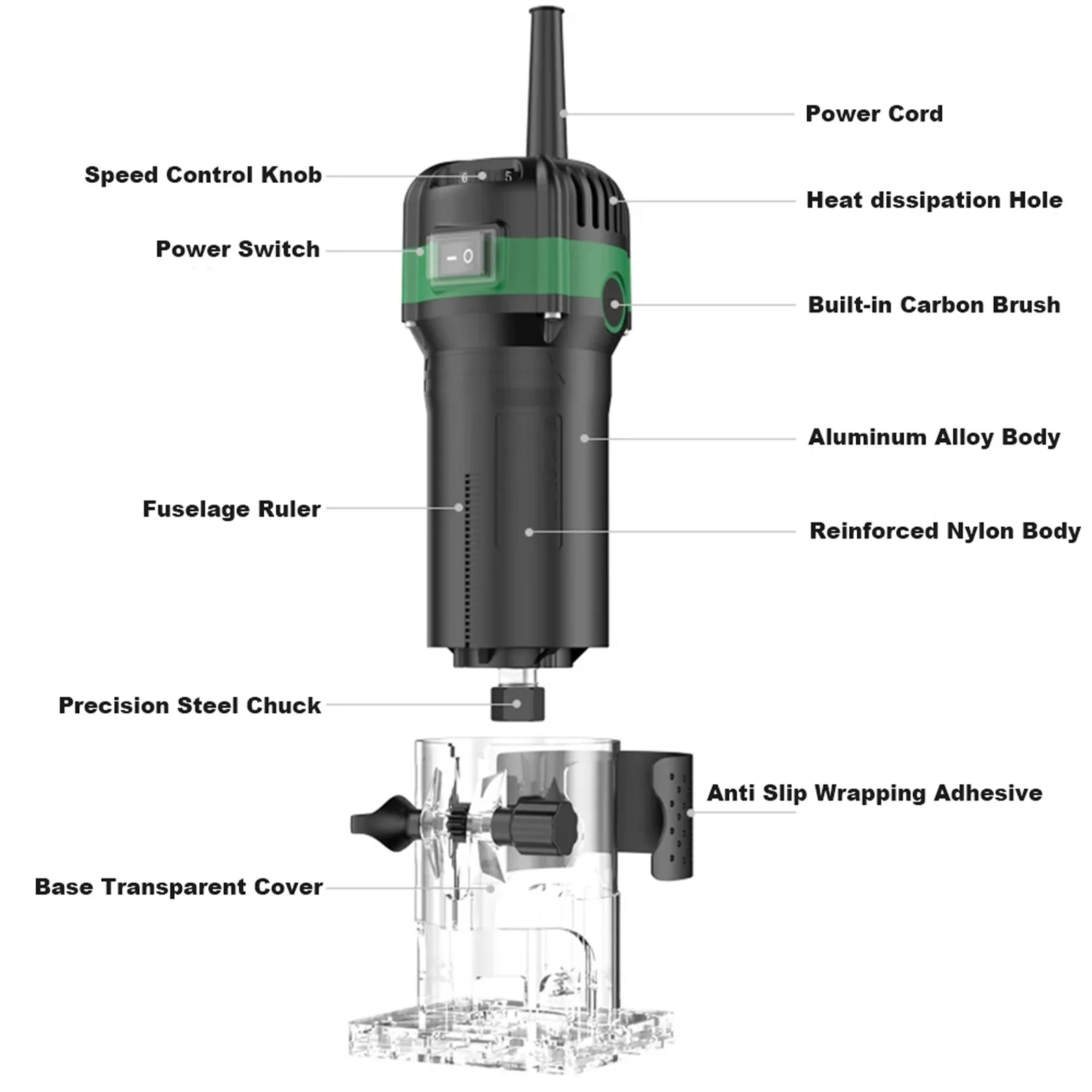 Wood Router Machine 6.35mm Diameter Milling Machine Electric Milling Machine 800W Hand Milling Machine 6 Speed 30,000RPM