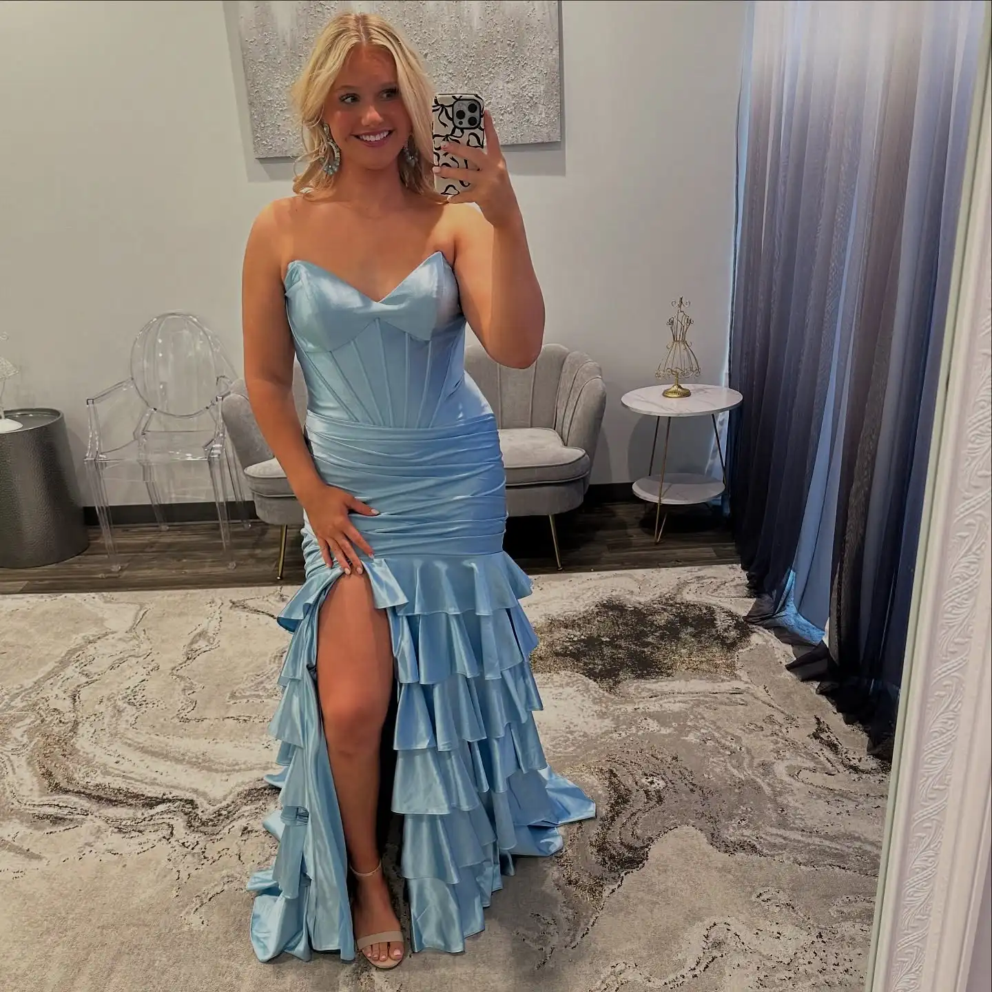 

Sharon Said Elegant Aqua Tiered Ruffles Prom Dress with Slit Long Evening Graduation Party Gowns SH166 Customized