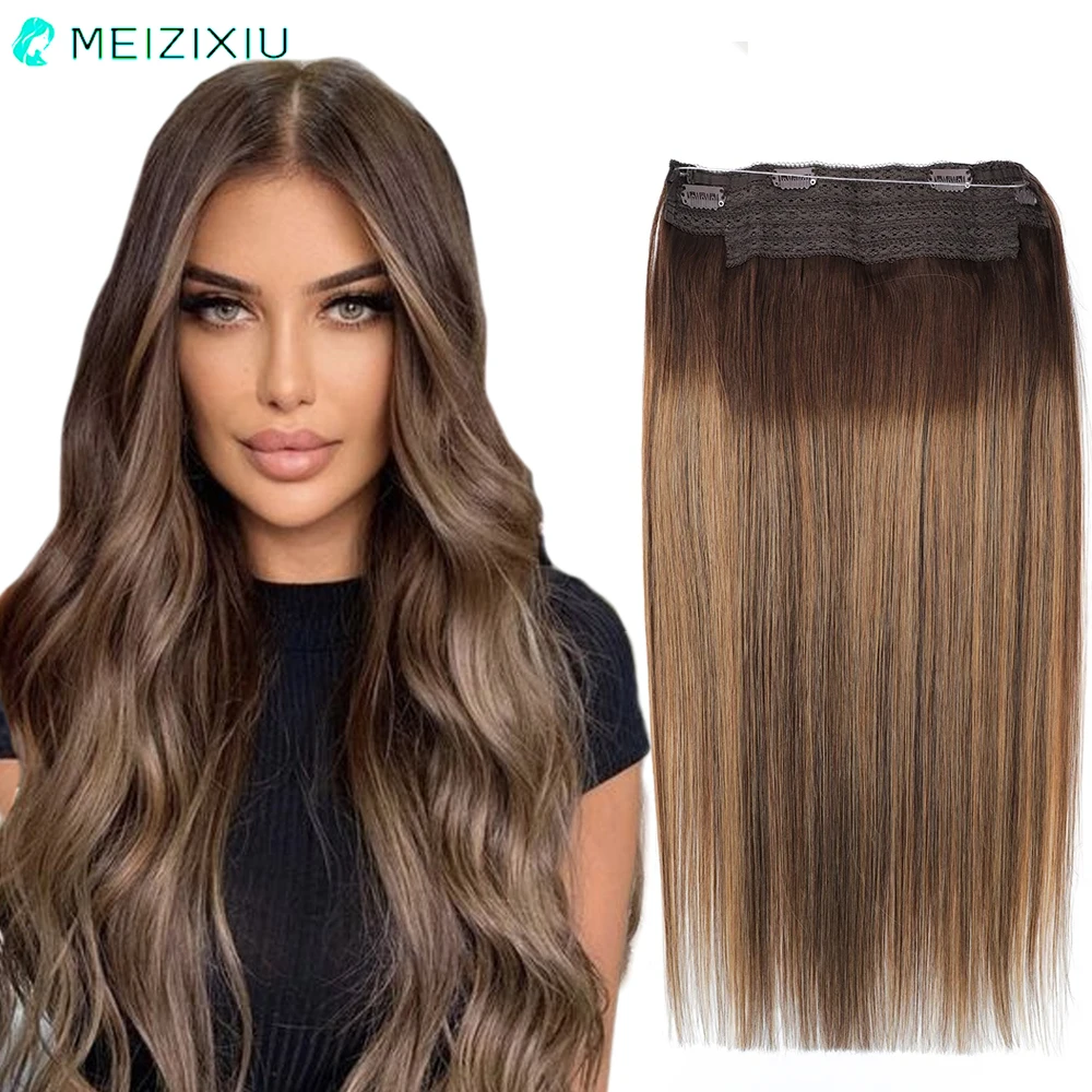 RemeeHi Invisiable Hair Pieces Human Hair Straight Fish-line Wire Micro Hair Lace Fish-line Hair Extensions for Women Dark Brown