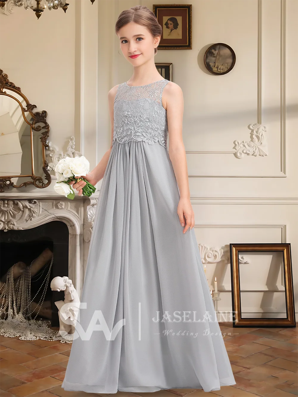 エレガントなジュニアブライズメイドドレス レース ボディス スクープ シフォン フロアレングス Aライン フラワーガールドレス ガールズ フォーマル ウェディングパーティー