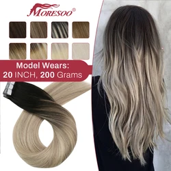 Moresoo Tape in Human Hair Extensions 100% Real Hair Remy Brazilian Hair 14-24inch Straight Natural Adhesives Tape in Extensions