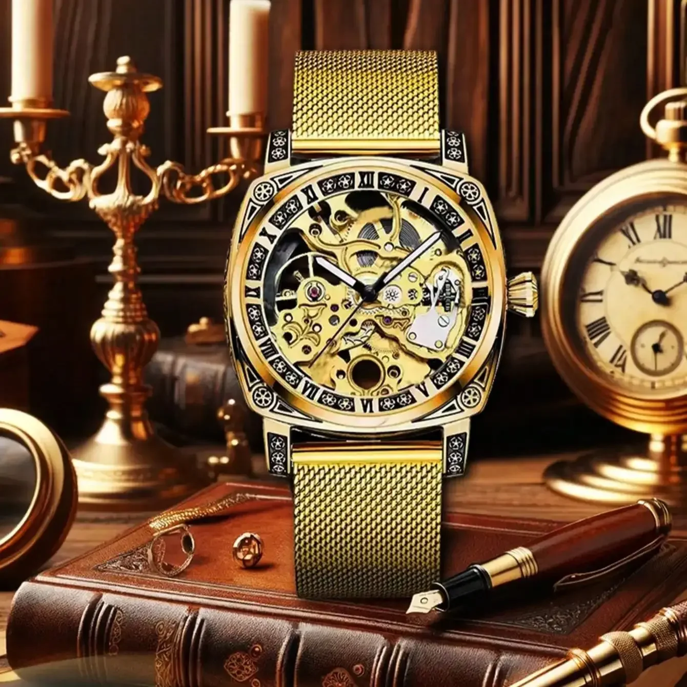 New Men\'s Mechanical Watch luminous Golden Business Luxury Mesh Belt Hollowed out dial Man Mechanical wrist watches