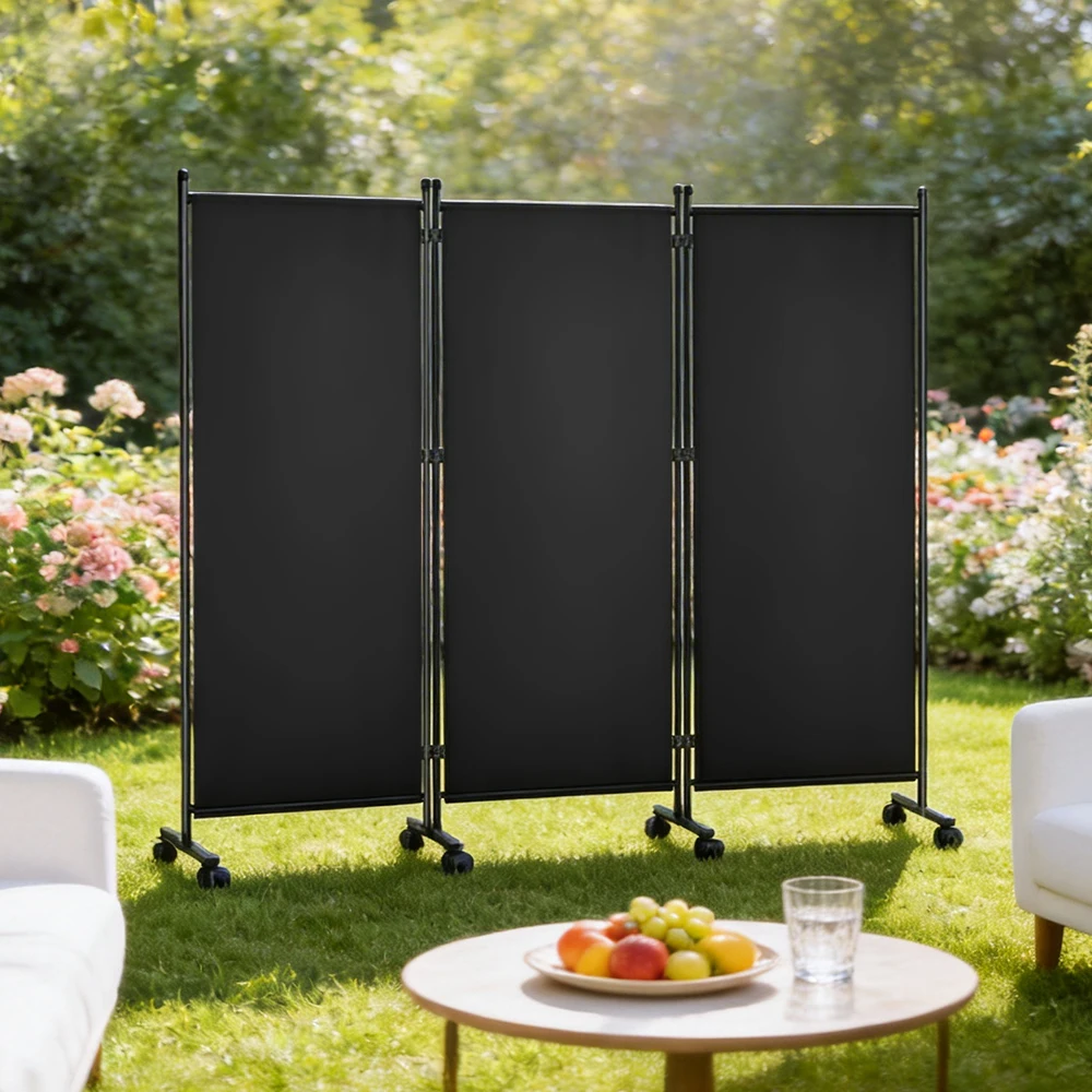 Paravent pliable à 3 panneaux mobile avec roulettes et freins, coupe-vent, séparateur de pièce pour balcon, patio, intérieur et extérieur