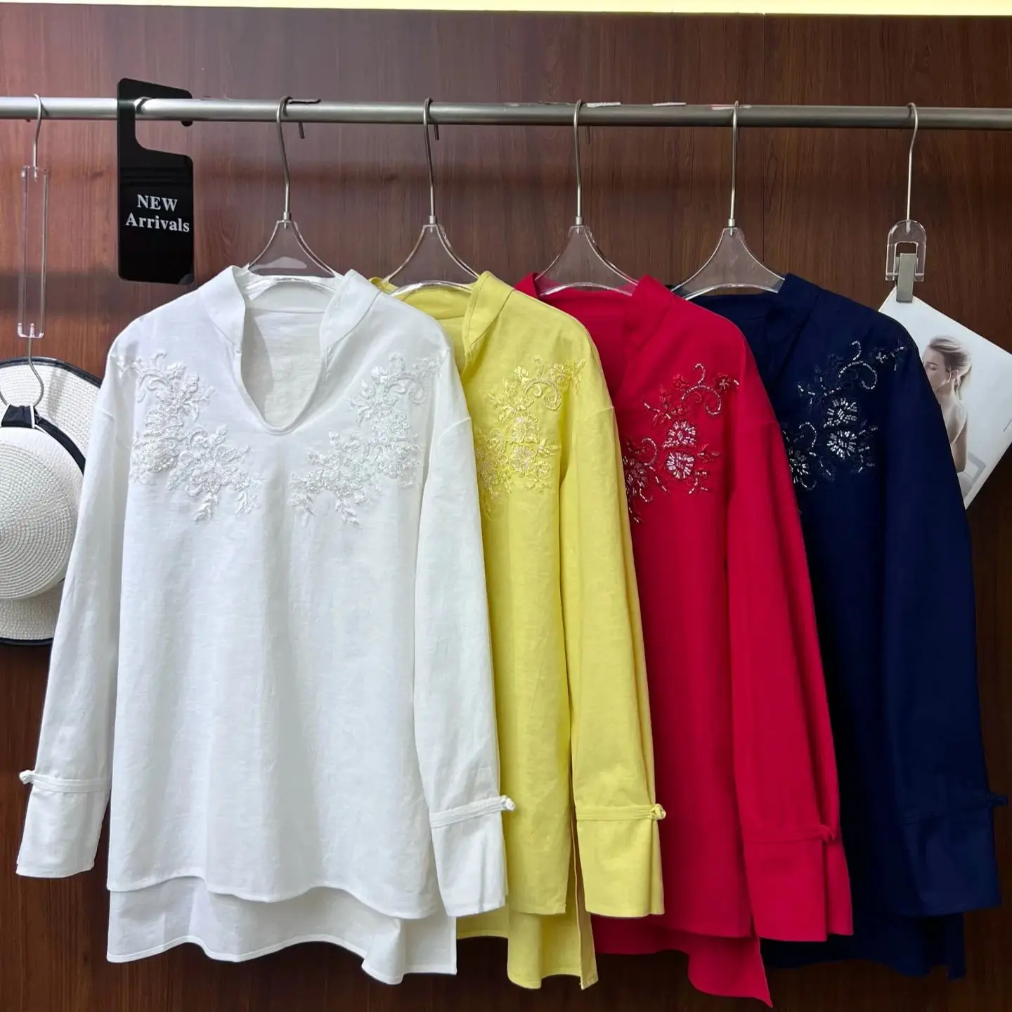 

Casual autumn solid color women's solid color embroidered linen shirt