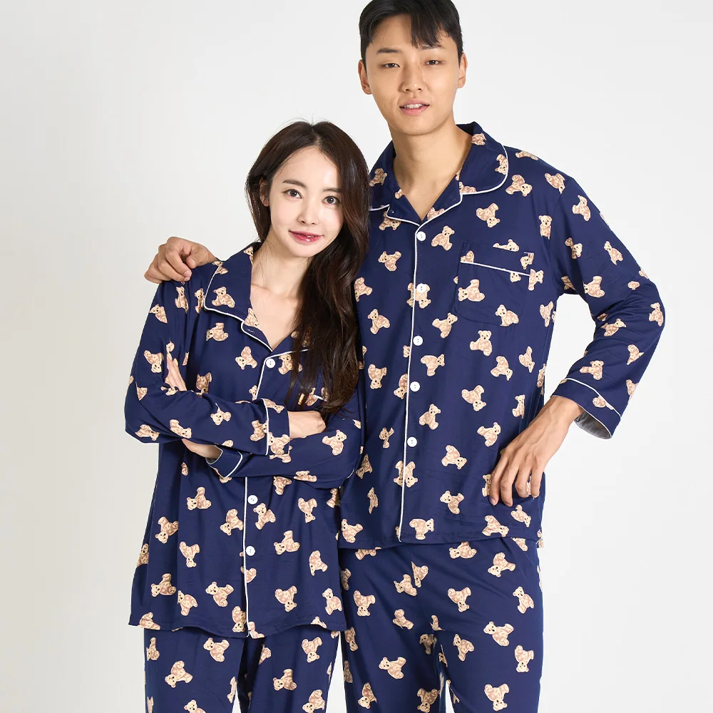 AONE Couple Matching Fleece Pajamas Set with Bear Collar, Long Sleeve Loungewear, Warm Flannel Sleepwear for Couples, Newlywed Nightwear