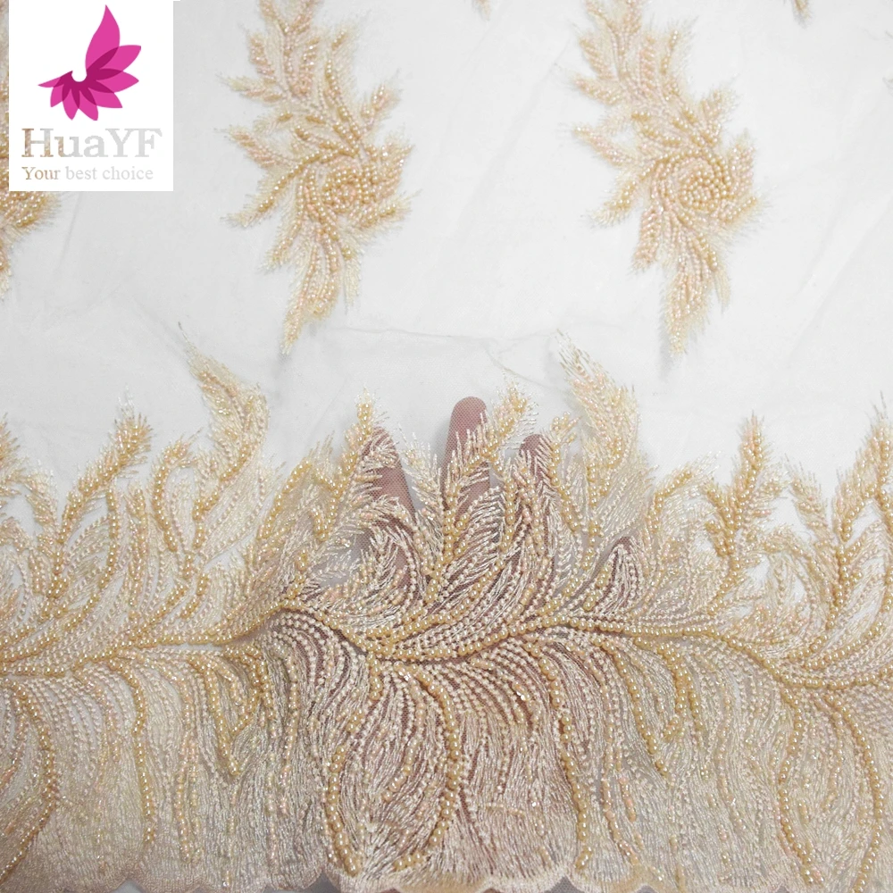 2022 Hot Sale French Heavy Bead Embroidery Corded Lace Fabric For Bridal Wedding Dress Fabric HY1086