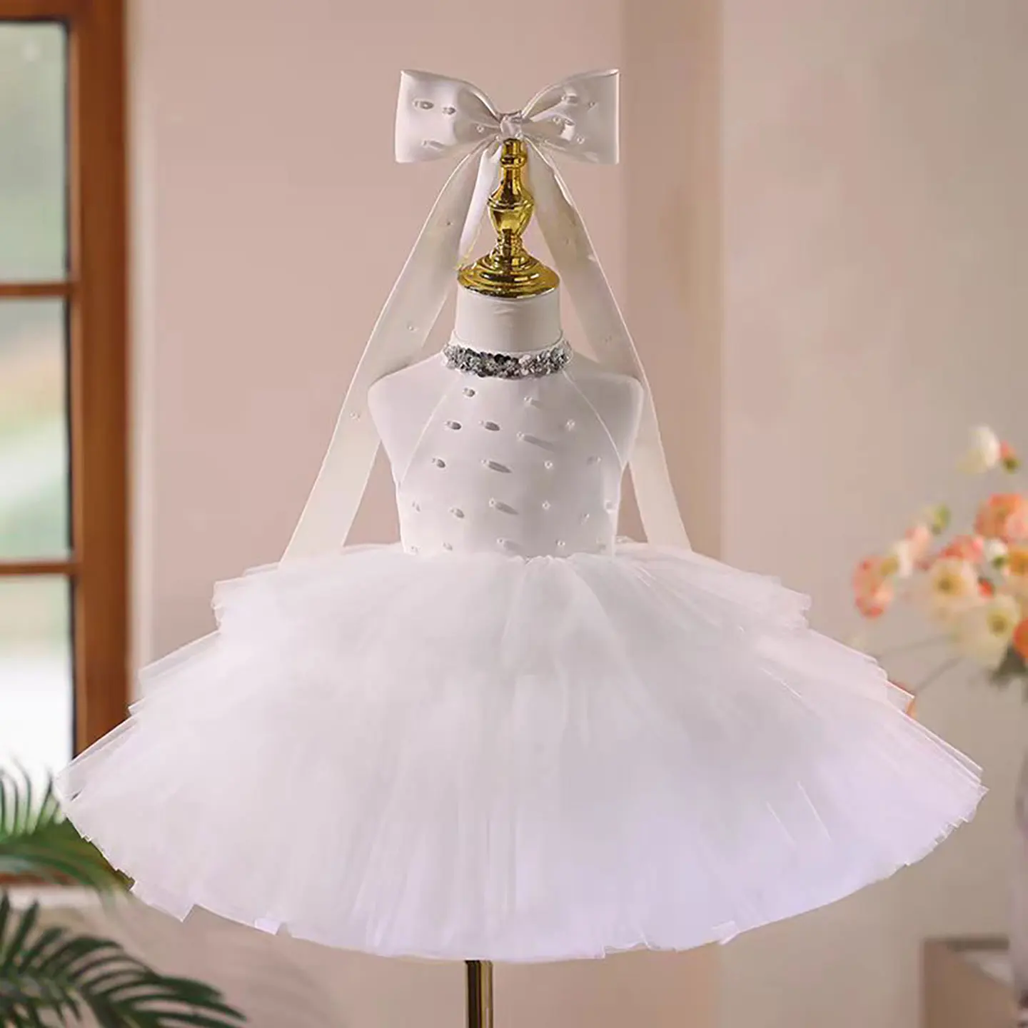 

Dreamy Vow Adorable Satin Top Tulle Pearl Tiered Sleeveless Flower Girl Dress Kids Wedding Holiday Party Short Ball Gown D041