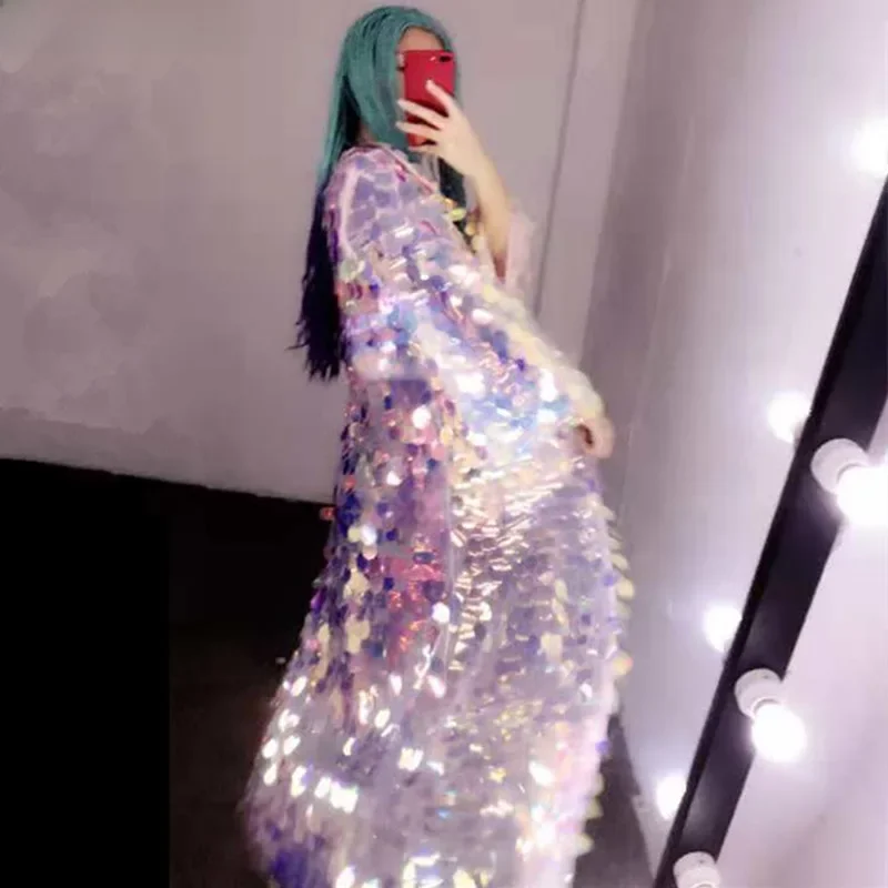 Moda damska różowy Sequins Mesk długi płaszcz cekinowy płaszcz Punk piosenkarka hip-hopowa odzież sceniczna Drag Queen kostium luźny płaszcz — zdjęcie 2