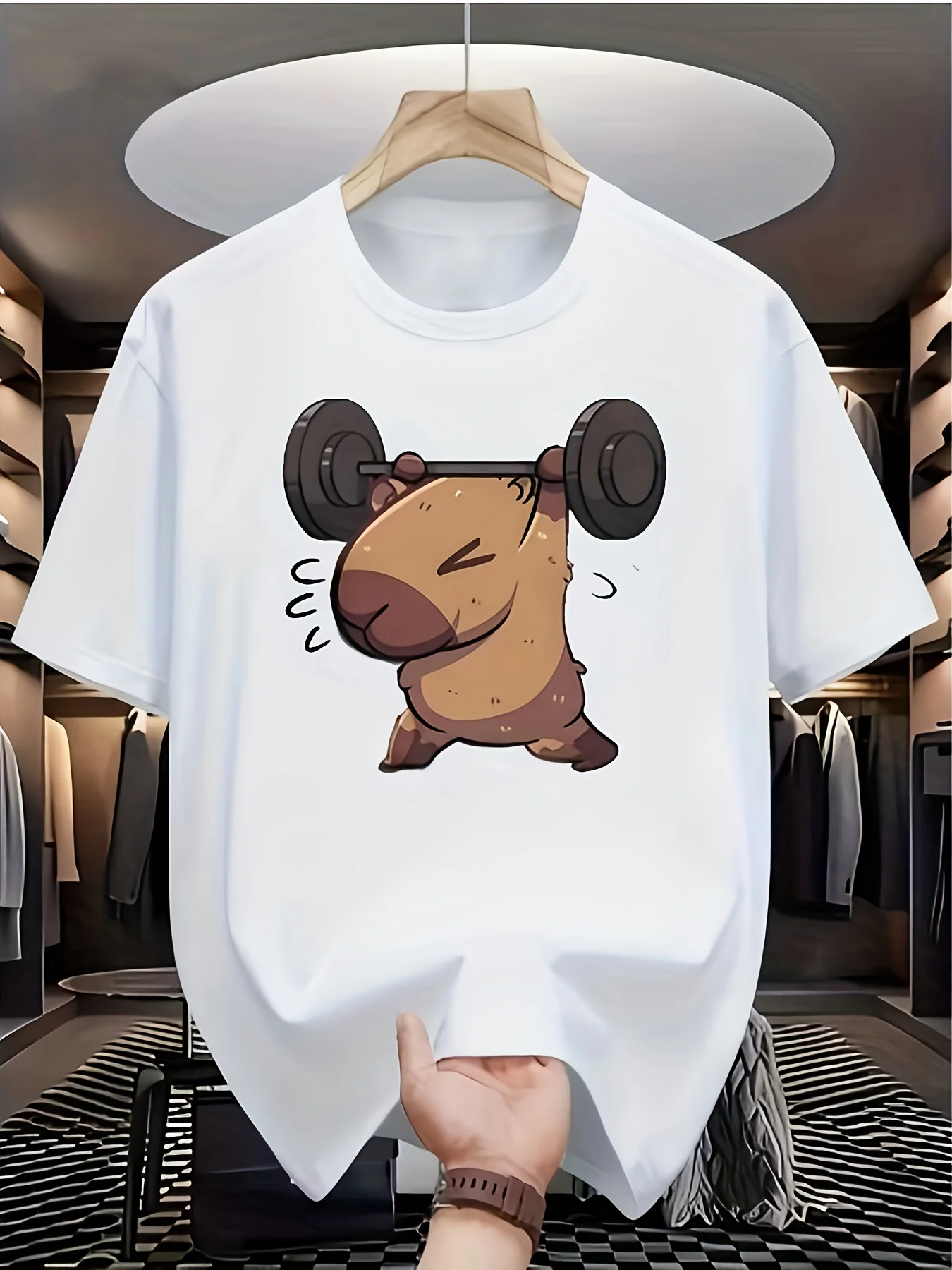 Capybara Print Mens Tracksuit Casual Digital Print T-Shirt Round Neck Short Sleeves Hip-Hop Summer Breathable Fashion Streetwear