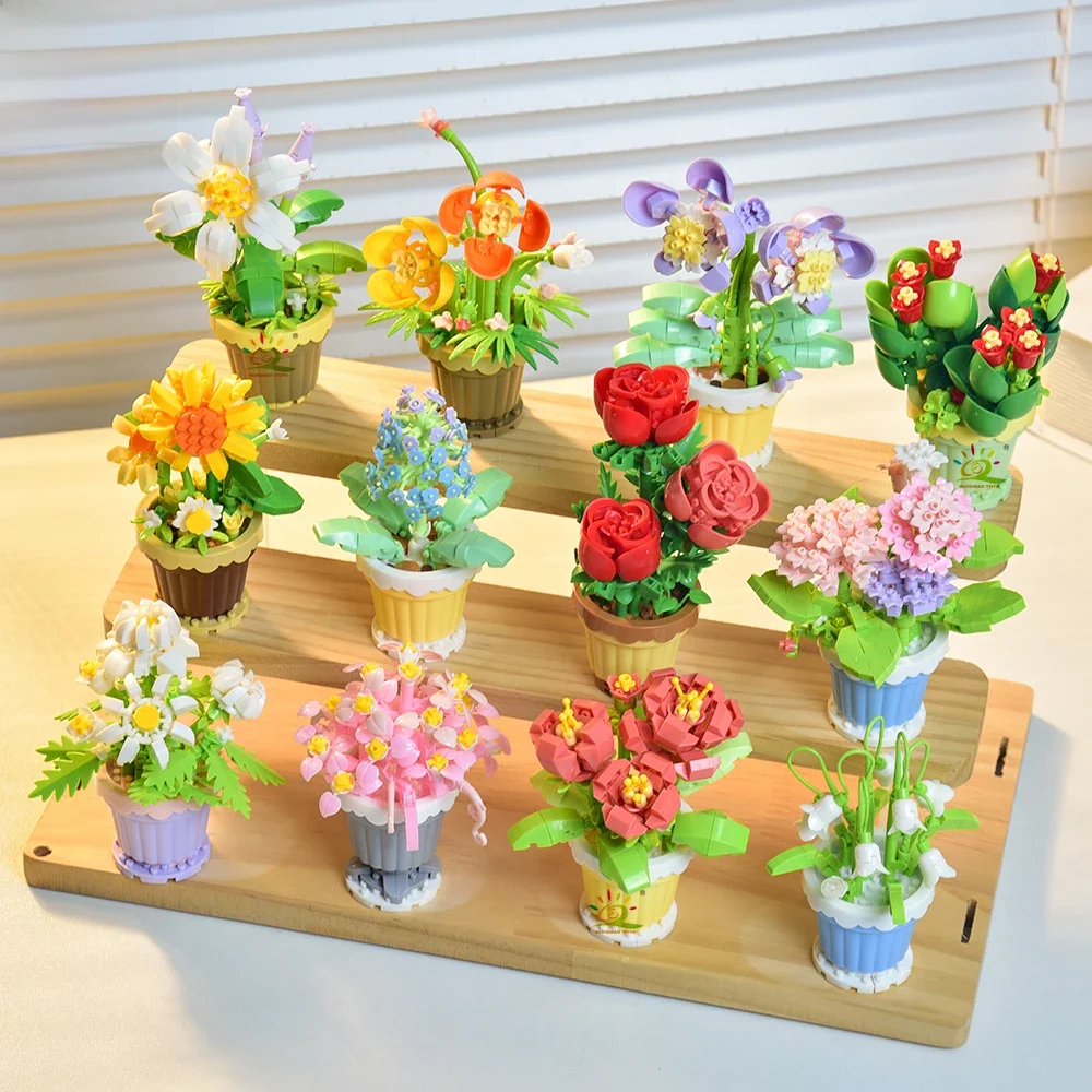 HUIQIBAO MOC-Bouquet éternel pour enfants, micro blocs de construction, modèle de fleurs, décoration de bureau à domicile, jouet en brique à assembler soi-même