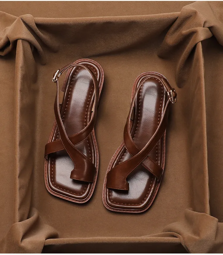 

Коробка для обуви ‌ ‌ Женские винтажные сандалии во французском стиле из натуральной кожи с ремешком на пальцах, новые летние модные туфли больших размеров на низком каблуке в стиле Рома