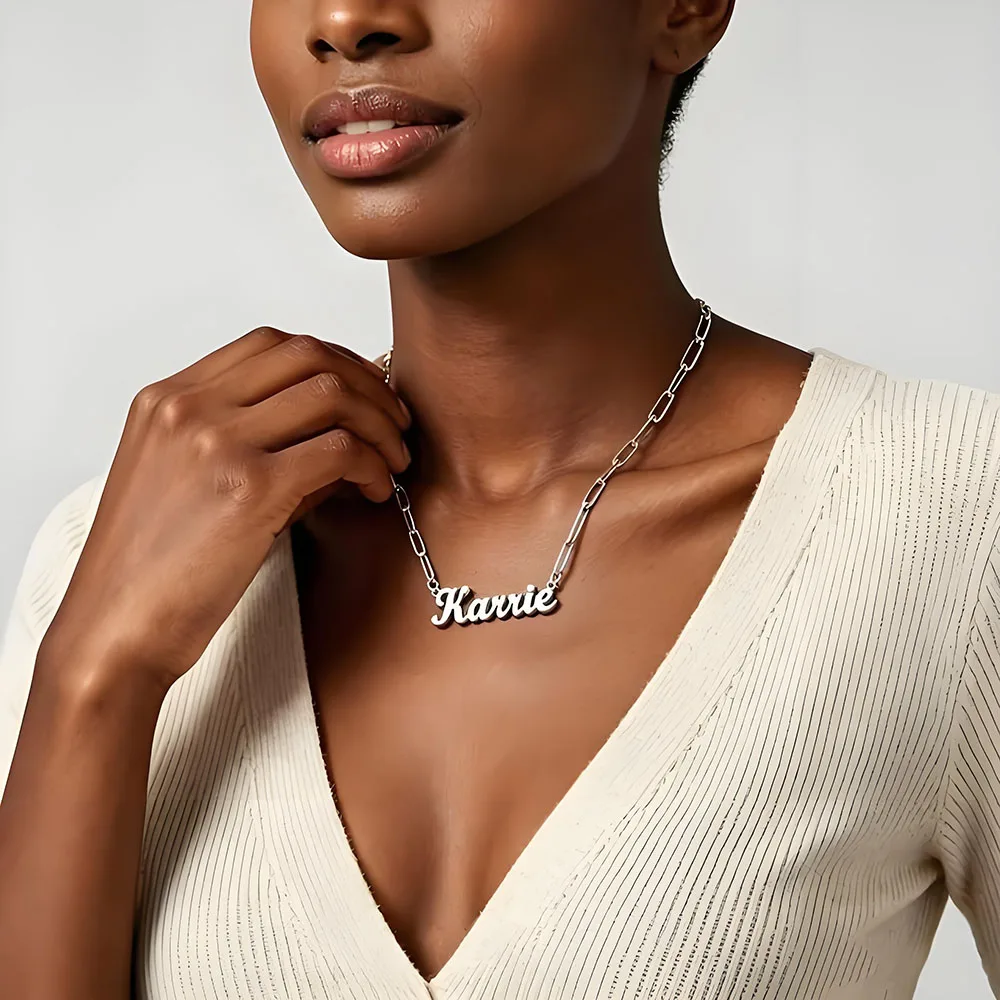 18K Gold Custom Script Name Necklace Paperclip Link Chain Dainty Personalized Nameplate Pendant Jewelry Stackable Accessory