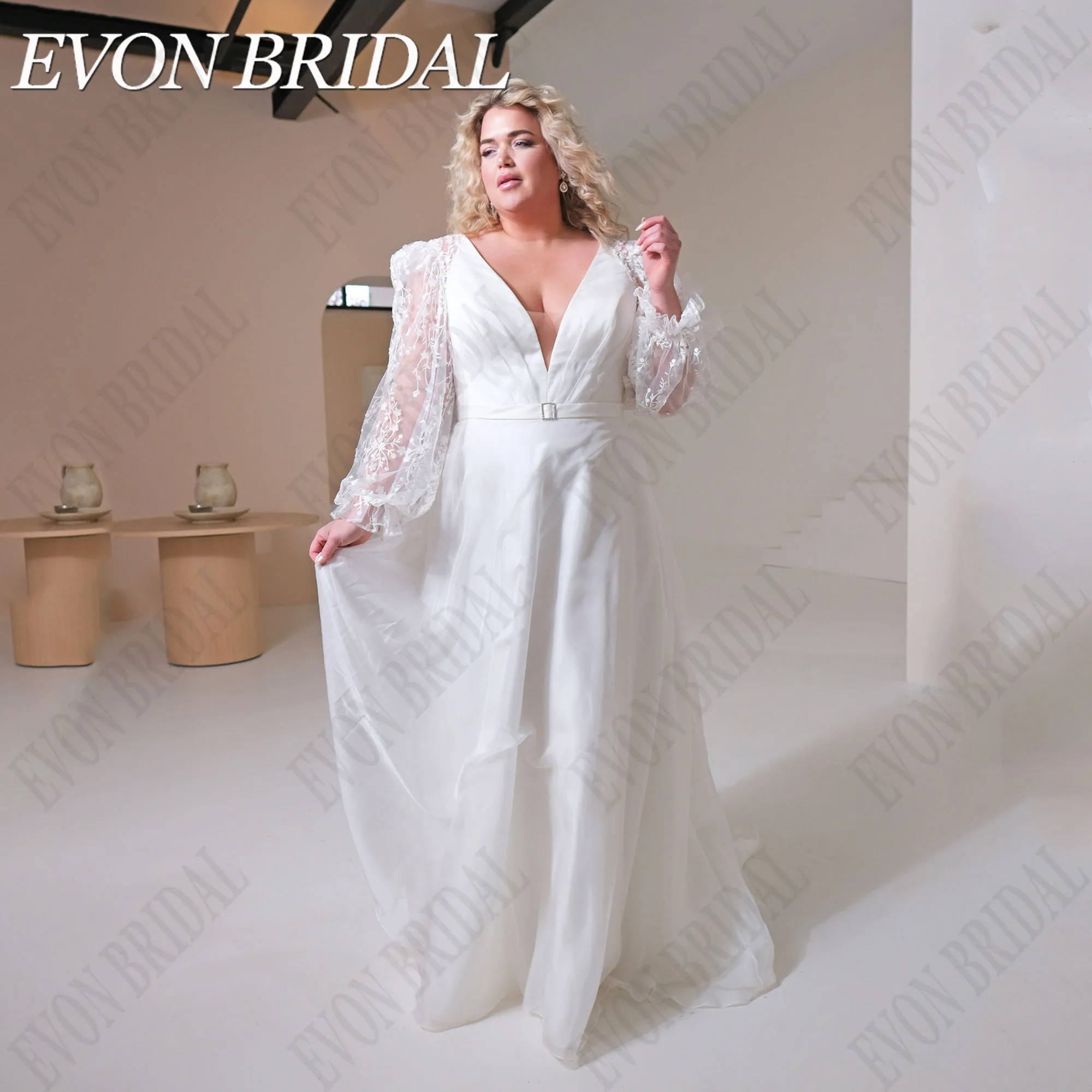 

EVON BRIDAL Oversize V-Neck Wedding Dress 2025 Bride Puff Sleeves Vestidos De Novia A-Line Applique Zipper Button Custom