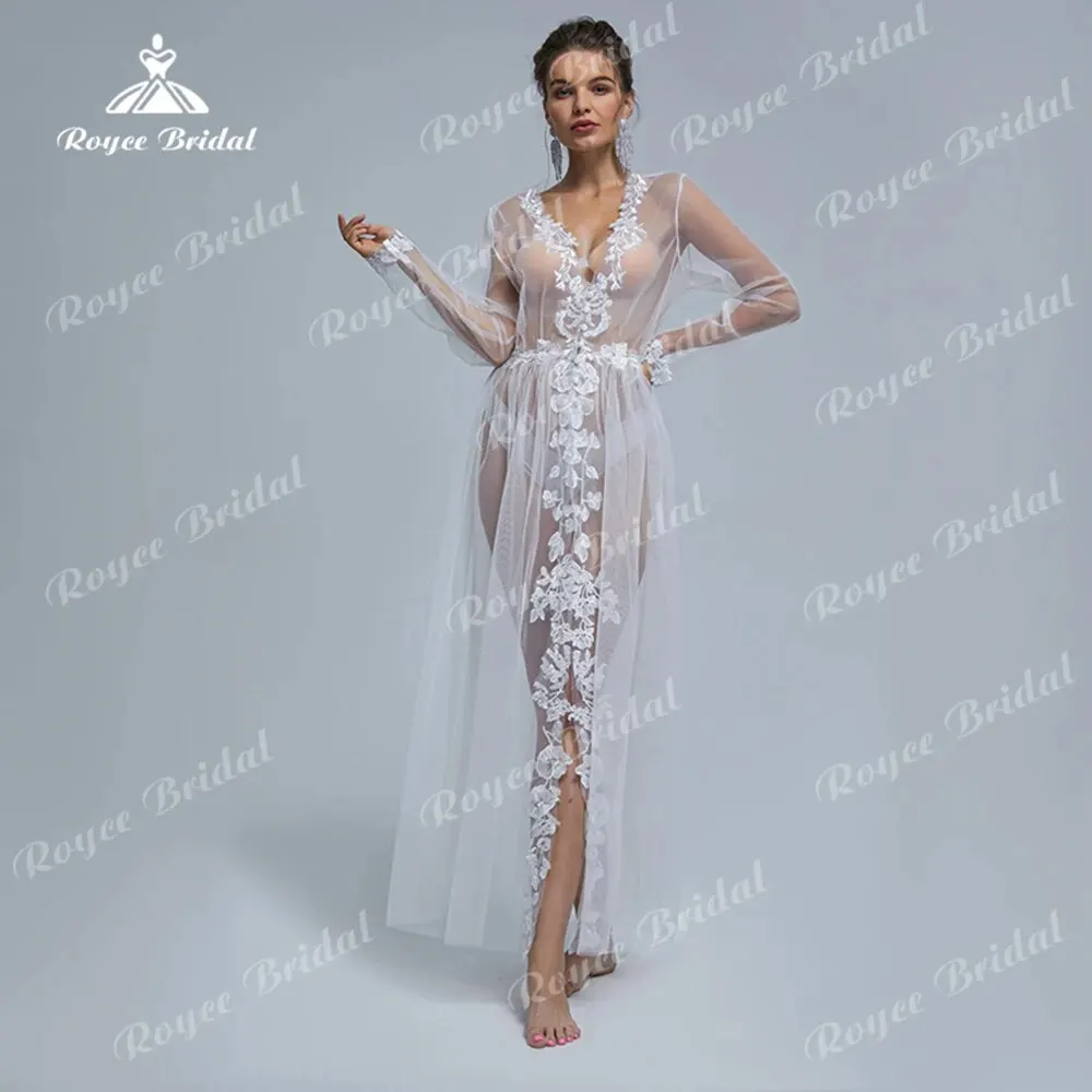 Elegant Pregnant Wedding Dresses Lace Sleepwear Bridal Gowns Sexy Deep V Neck Full Cap Sleeve Back Illusion Ankle-Length Robe