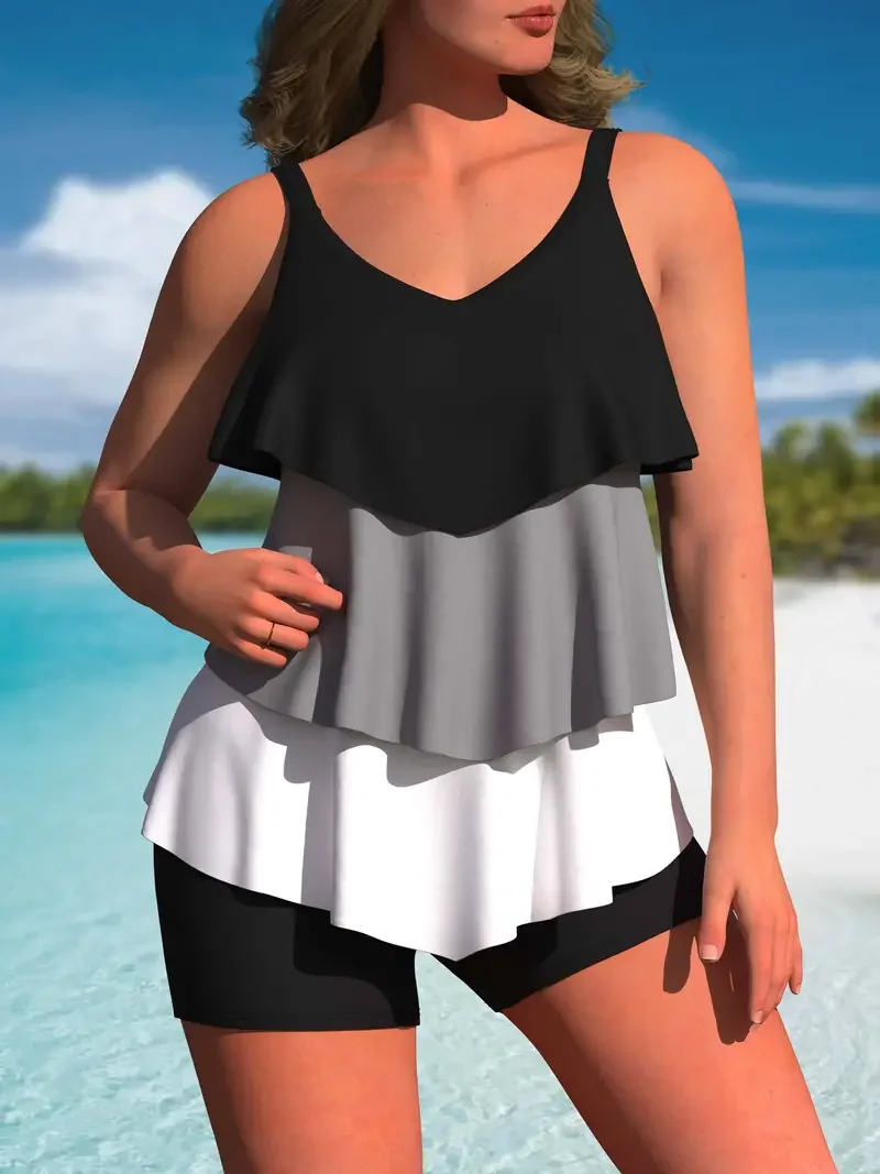 Set costume da bagno Tankini con volant color block: copertura alla moda, comodo stile vacanza