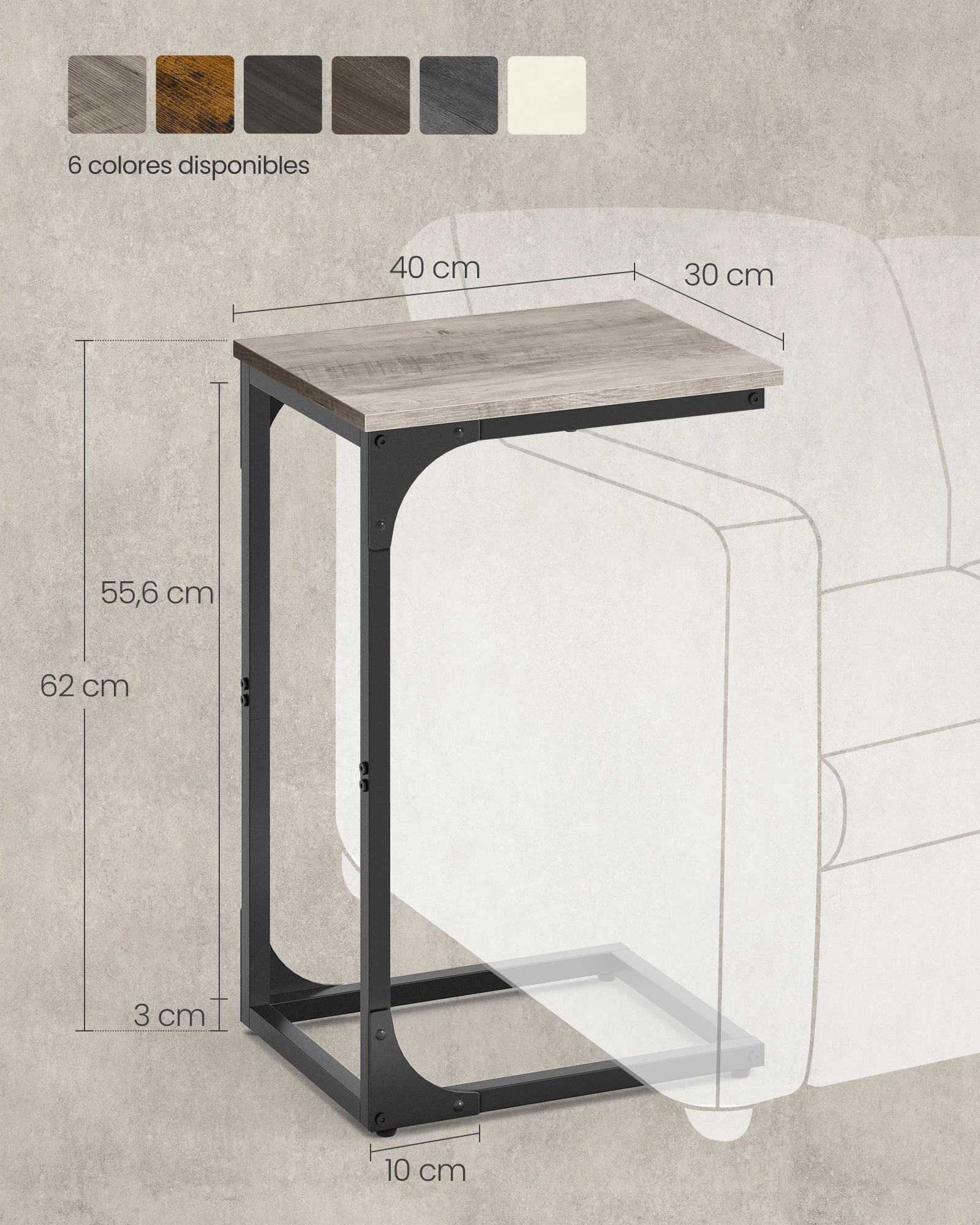 طاولة أريكة على شكل حرف C، طاولة جانبية، طراز صناعي بإطار معدني، لغرفة المعيشة وغرفة النوم، رمادي وأسود #5