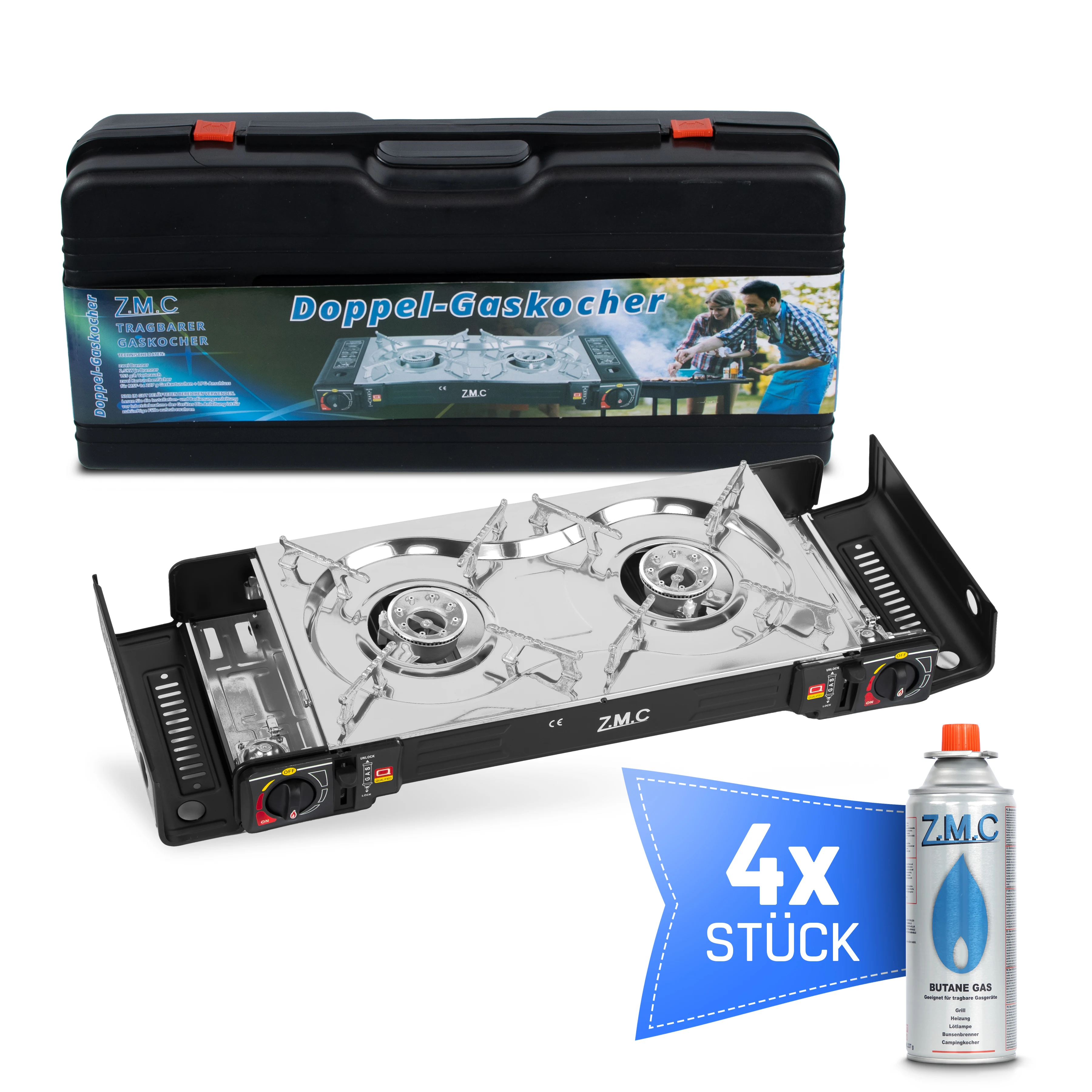ZMC roestvrijstalen campinggasfornuis met 2 branders en piezo-ontsteking, incl. LPG-adapter, transportkoffer, inclusief 4x227g gaspatronen - campingfornuis, ideaal voor buiten, kamperen, tuin &