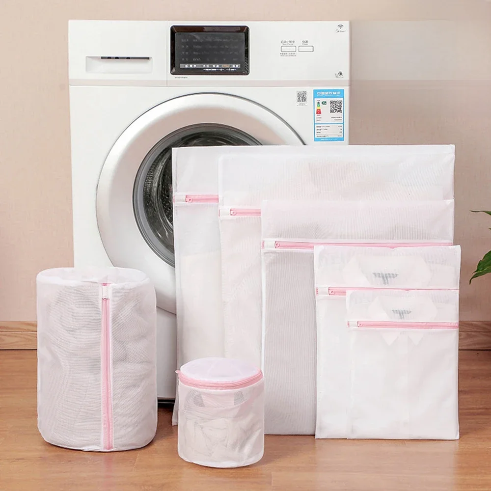 7Pcs Worki na pranie Różowy zamek błyskawiczny Drobna siatka Ochrona ubrań Worek na pranie do pralki Zestaw worków do prania do przechowywania brudnych ubrań — zdjęcie 2