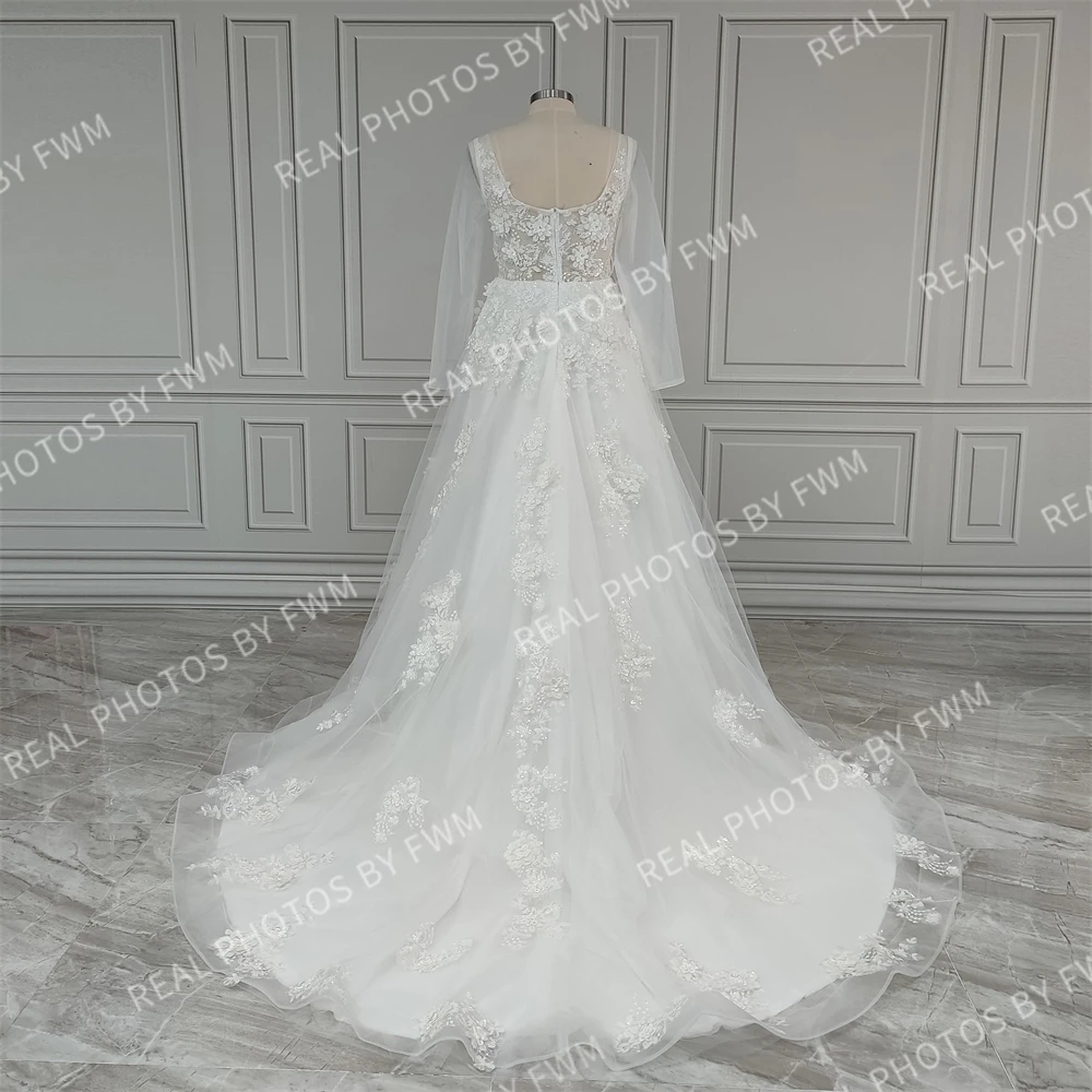 Robe de Mariée Trapèze en Dentelle et Tulle pour Femme, Photo Réelle Personnalisée, Bretelles Spaghetti, Fleurs 3D, 13123 #