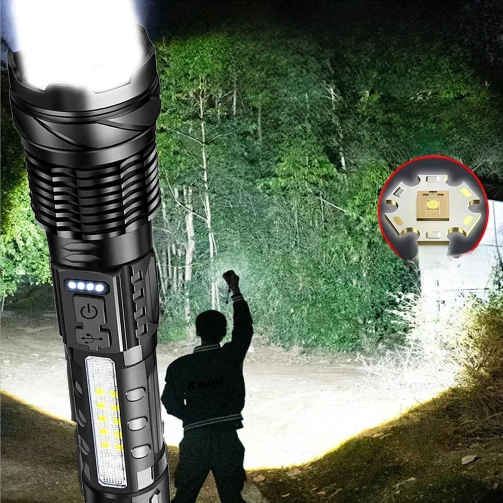 Lampes de poche LED à puissance forte, projecteurs d'urgence tactiques, Zoom télescopique, batterie intégrée, torche de Camping Rechargeable par USB