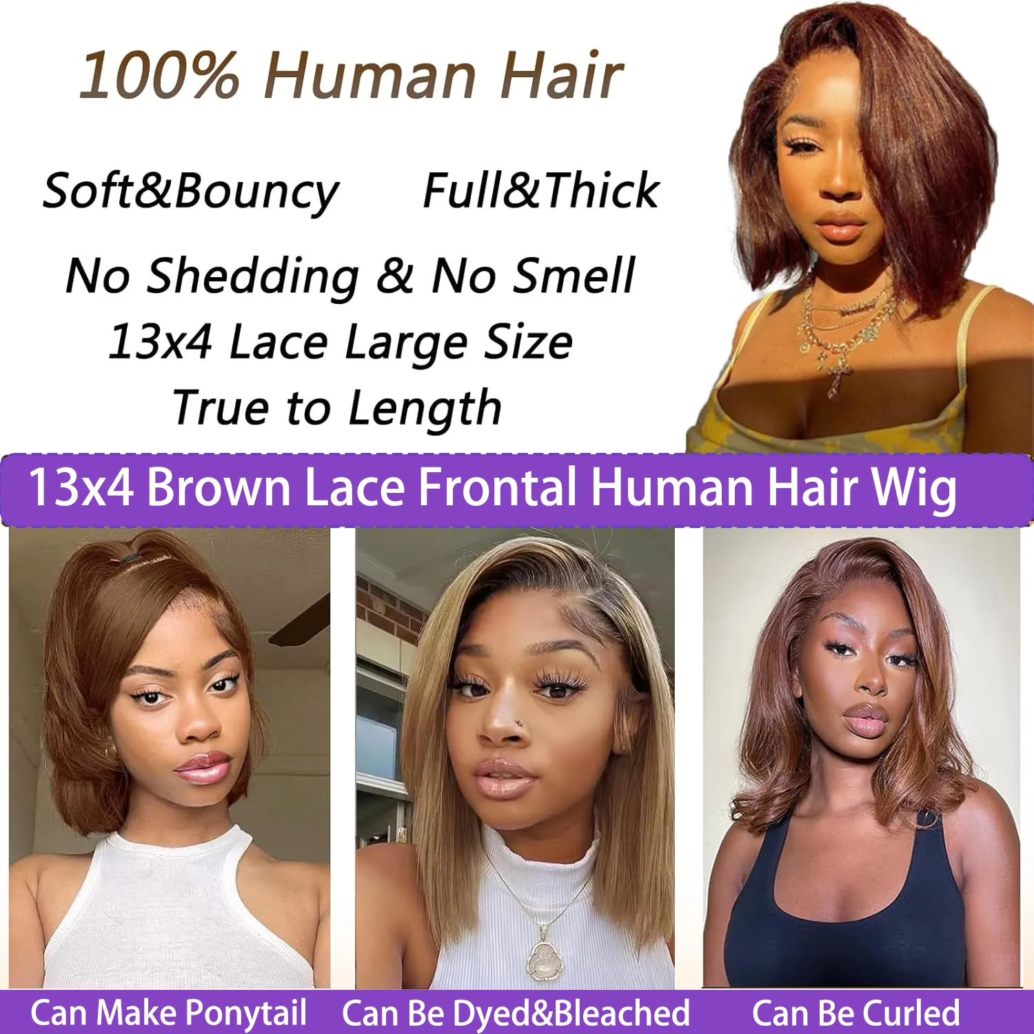 Perruque Bob Lace Wig Brésilienne Naturelle Cheveux Lisses, Couleur Brun Chocolat, 13x4, #4