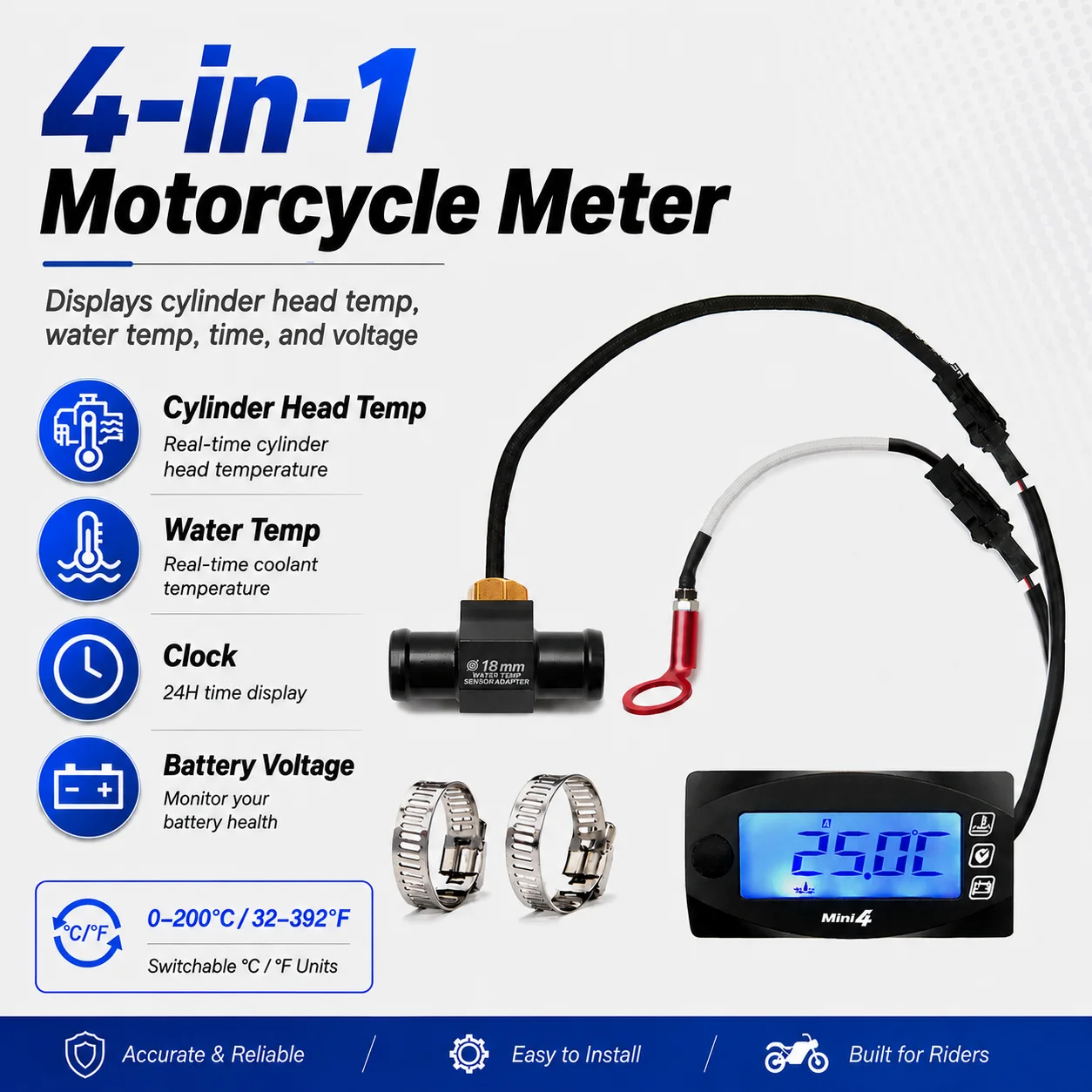 Universal 4-in-1 Motorcycle Digital Gauge Water & Cylinder Head Temperature Voltage Clock Meter for NMAX XMAX PCX