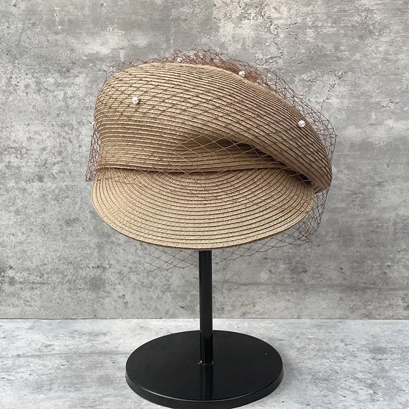 New Women Summer Hats Newsboy Cap Ladies Fansinator Pearls Veil Straw Hat Sloping Brim Visor Cap Cabbie Beret Girls Paperboy Cap