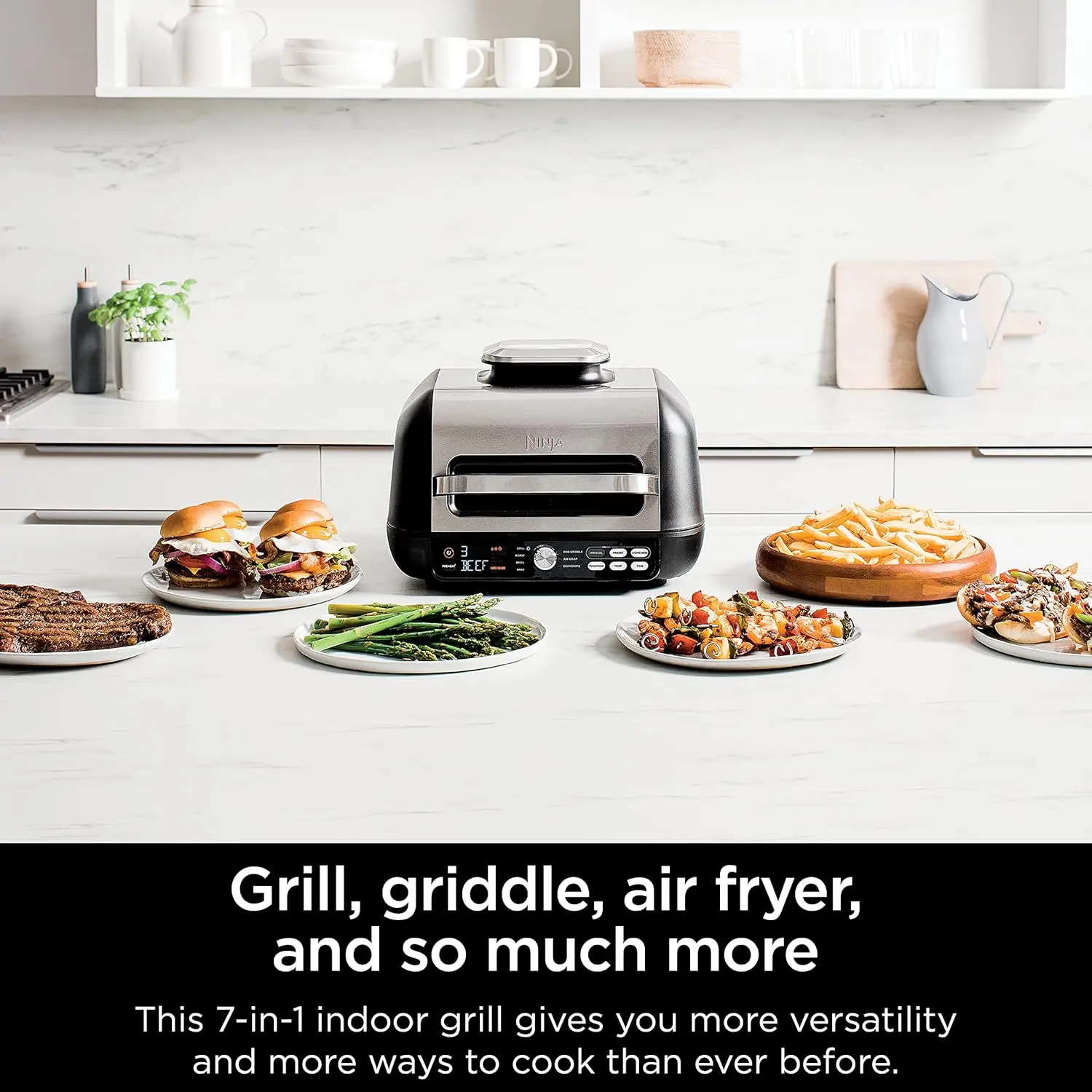 IG651 Foodi Smart XL Pro 7-in-1 Indoor Grill/Griddle Combo, use Opened or Closed, Air Fry, Dehydrate & More, Pro Power Grate, Flat Top, Crisper, Smart Thermometer, Black