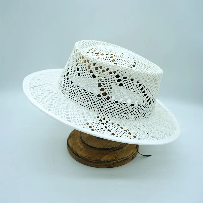 Vintage Style White Straw Hat Hollow Out Wide Brim Hand Woven Straw Hats For Women  Summer Vacation Beach Sun